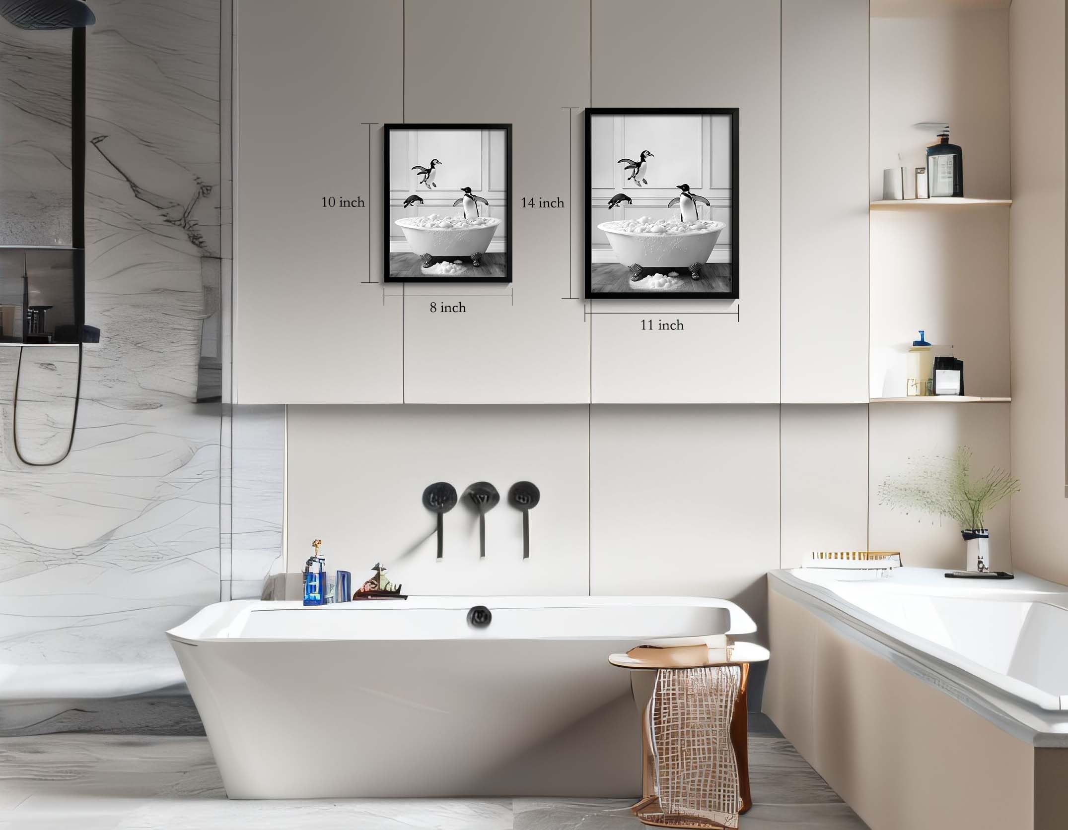 Framed Bathroom Decor Wall Art, Black And White Bathroom Decor, Funny Bathroom Wall Art Animal Penguin In Bathtub, Cute Animal W