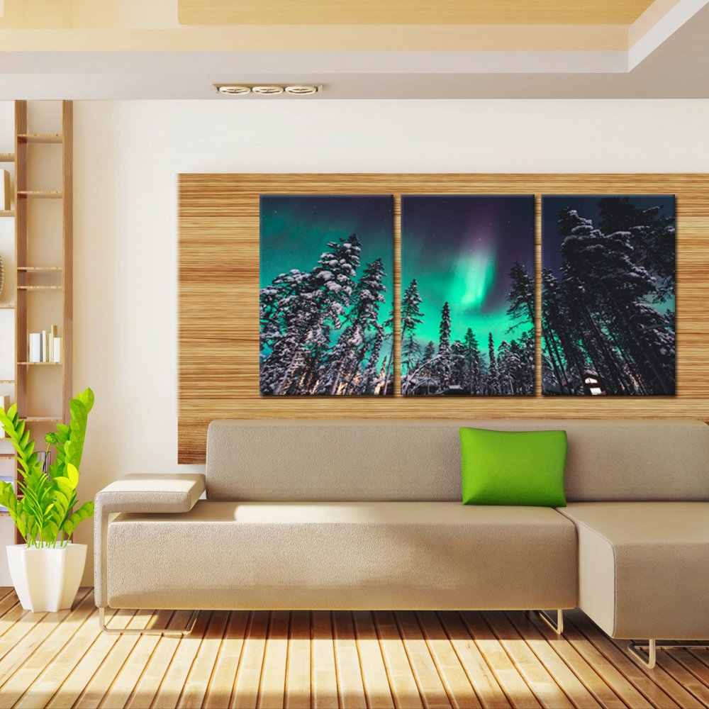 KREATIVE ARTS Northern Lights Canvas Print Norway Nature Green Aurora Borealis Poster Snow Tree Forest Landscape Painting Wall Art Modern Giclee Artwork Ready To Hang 16x24inchx3pcs