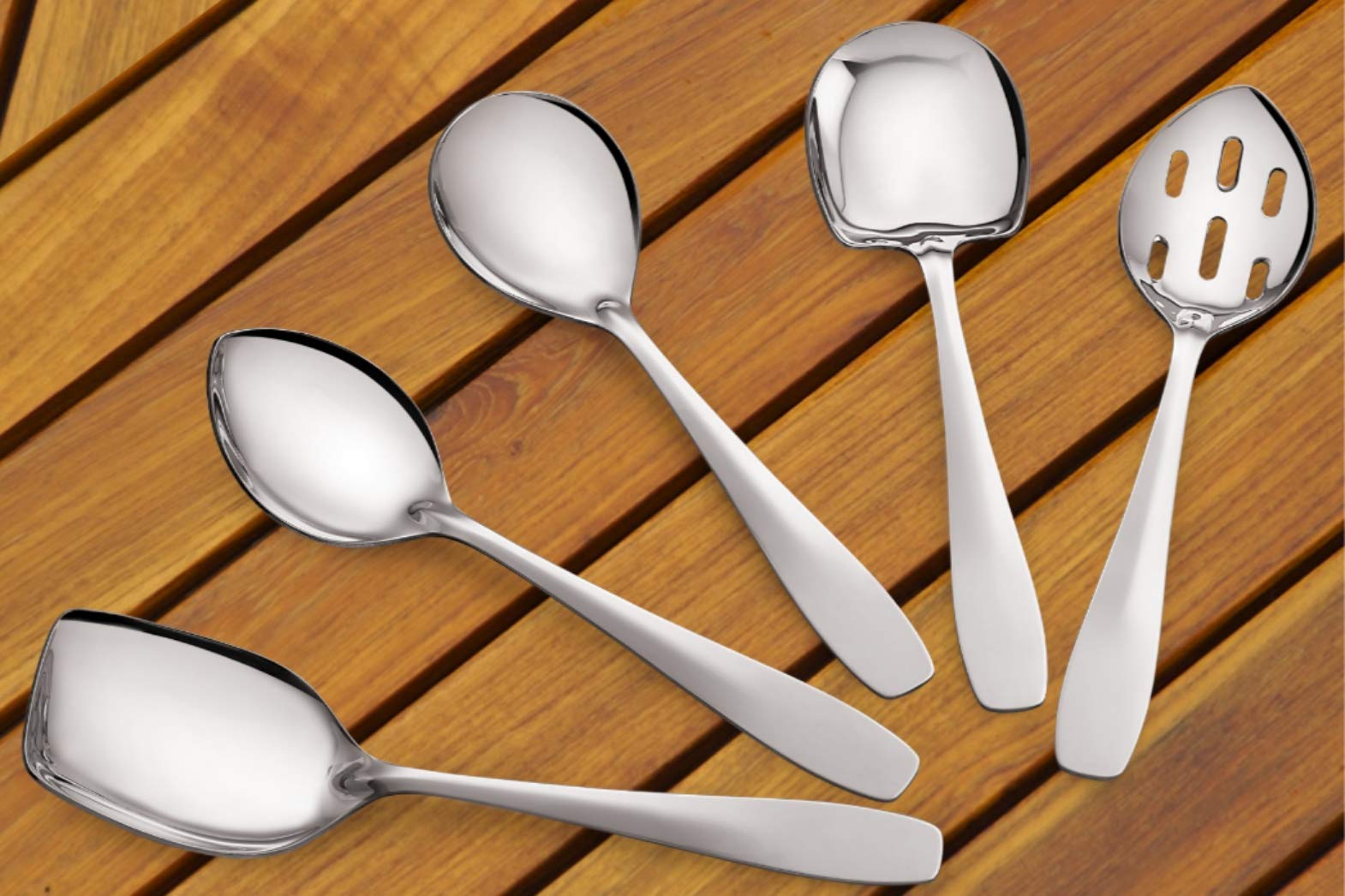 Premium 5 Piece Stainless Steel Cooking & Serving Spoon Set, Includes Solid Spoon, Oval Spoon, Slotted Spoon, Square Spoon & Mul