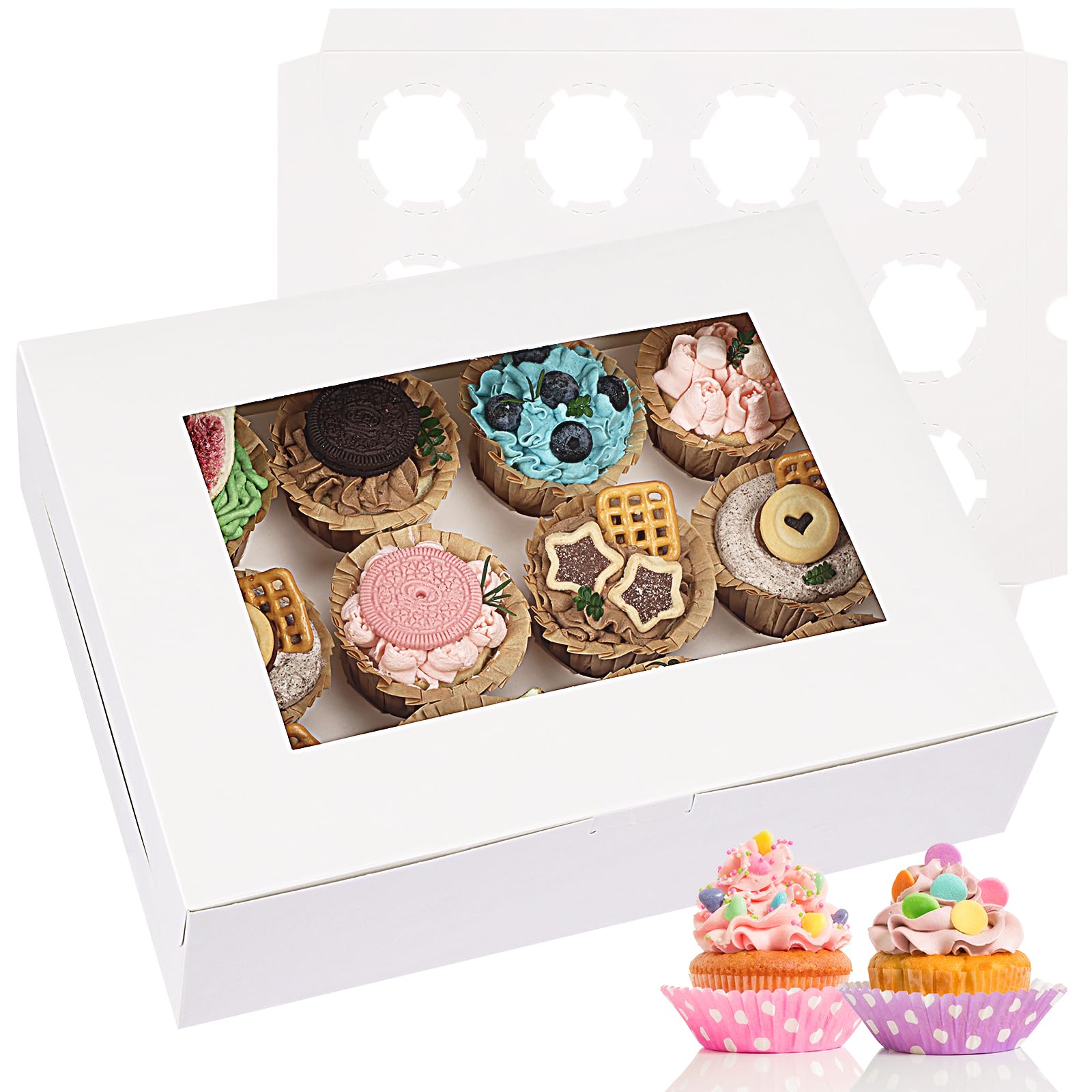 Moretoes 30pcs Cupcake Boxes, Cupcake Boxes 12 Count, Containers with Window for Birthday Holiday Party Bakery Supplies
