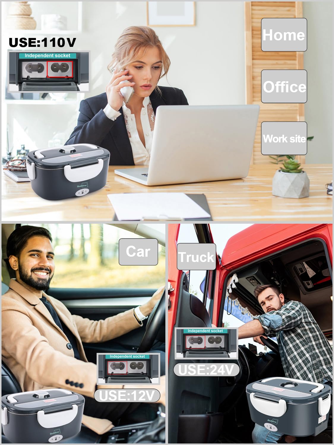 Buddew Electric Lunch Box 80W Food Heater For Adults, 12/24/110V Portable Lunch Warmer Upgraded Heated Lunch Box For Car/Truck/O