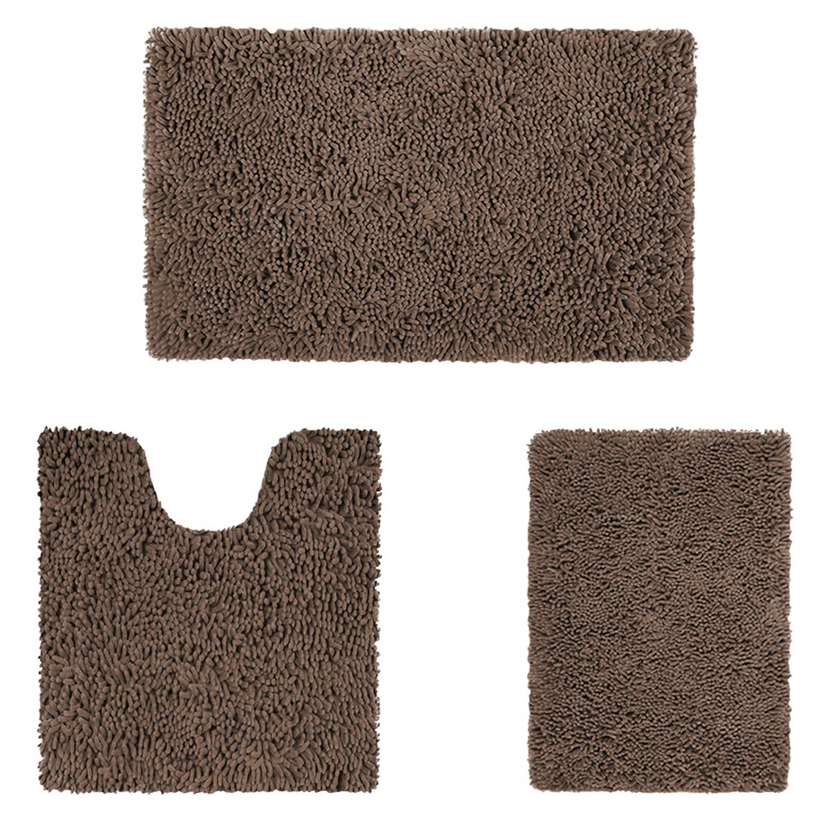 HOMEIDEAS 3 Pieces Bathroom Rugs  Ultra Soft Non Slip Absorbent Chenille Toilet Bath Mat Set (Brown)