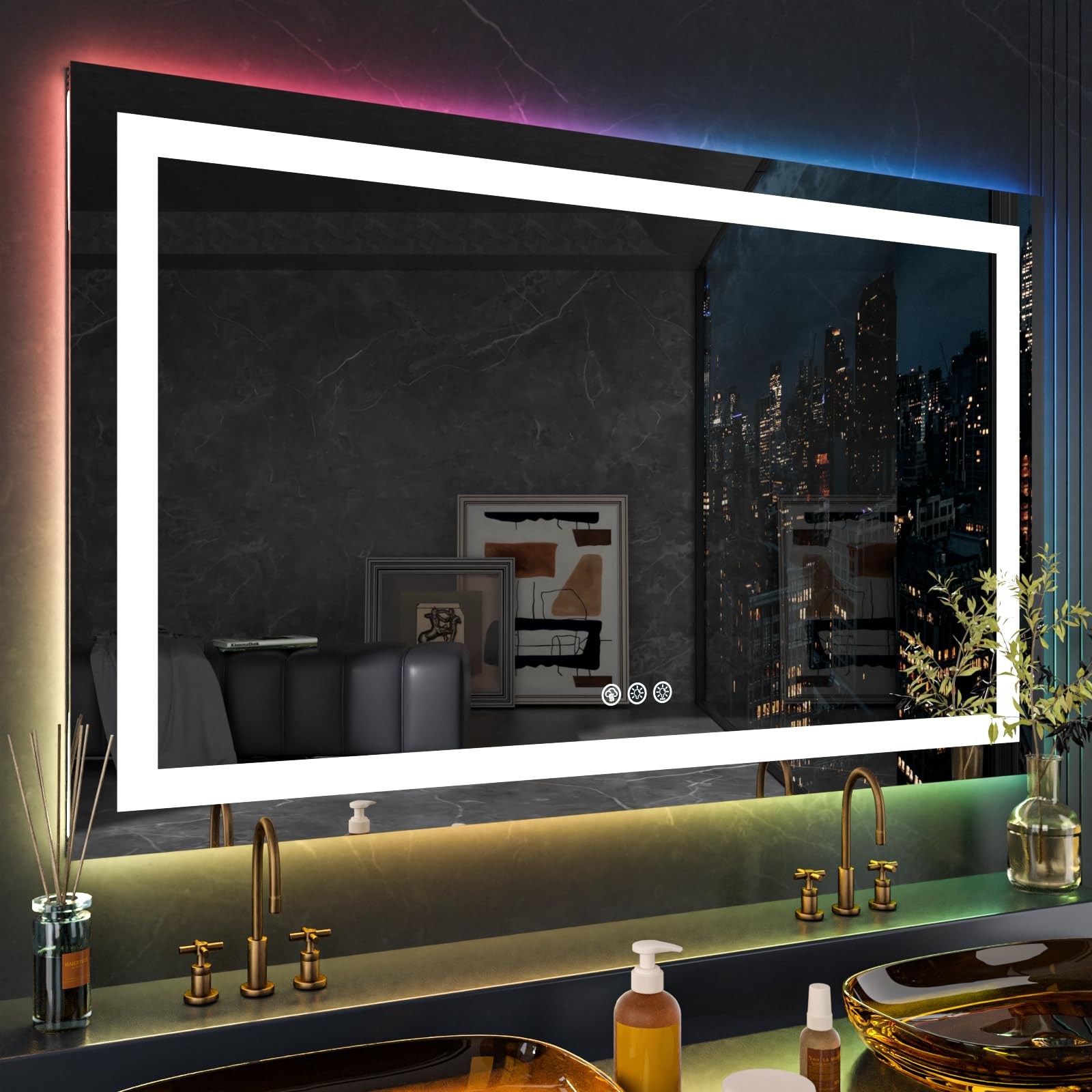 LOAAO 72''X36'' Inch RGB LED Bathroom Mirror with Lights  Large  Anti-Fog  Dimmable Smart Lighted Bathroom Vanity Mirror  Multiple Light Modes  RGB Backlit + Front Light  Memory Function  Tempered Glass