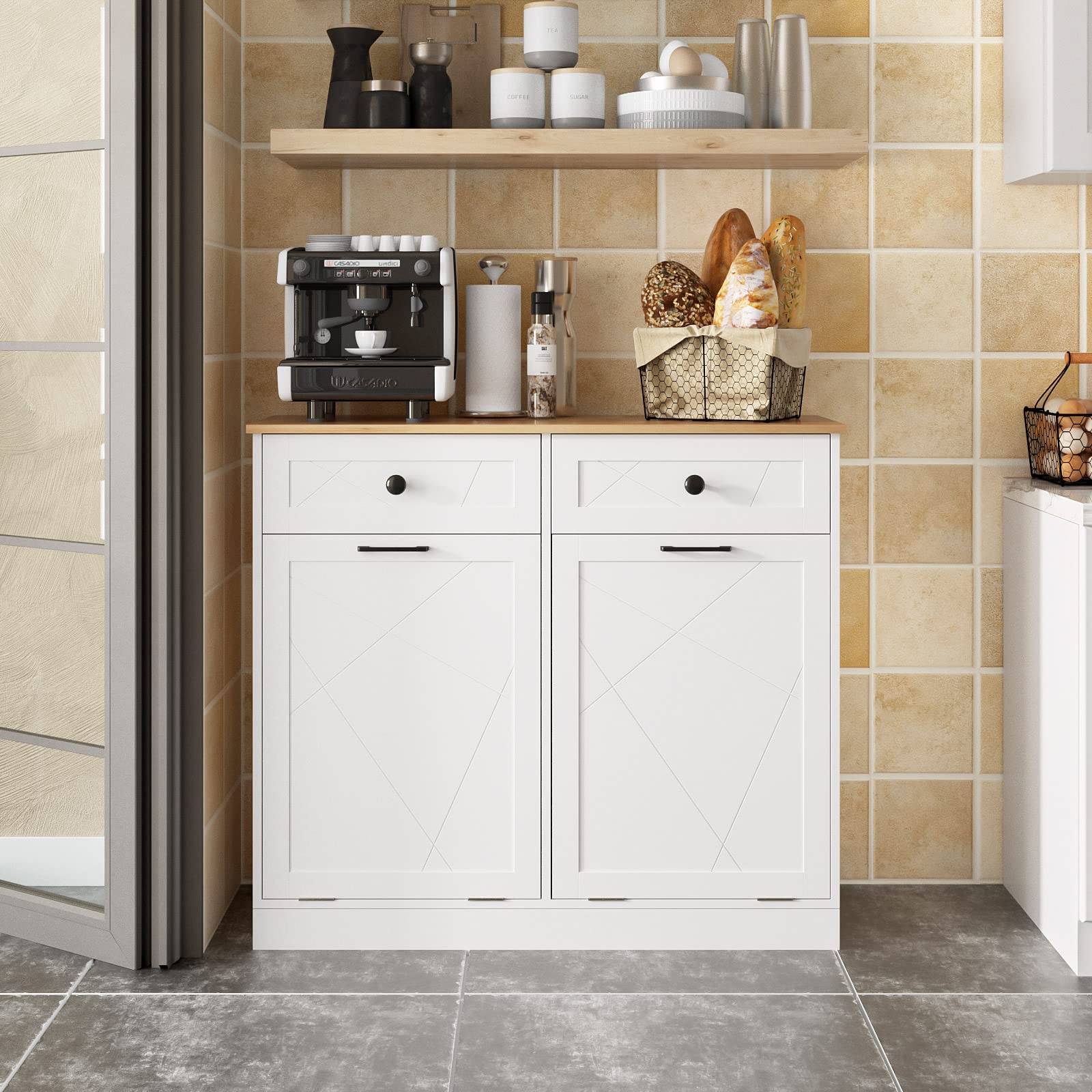 Halitaa Trash Cabinet Double Tit Out Trash Bin, Dog Proof Hideaway Tilt Out Double Trash Can Holder With Two Drawers, Free Stand
