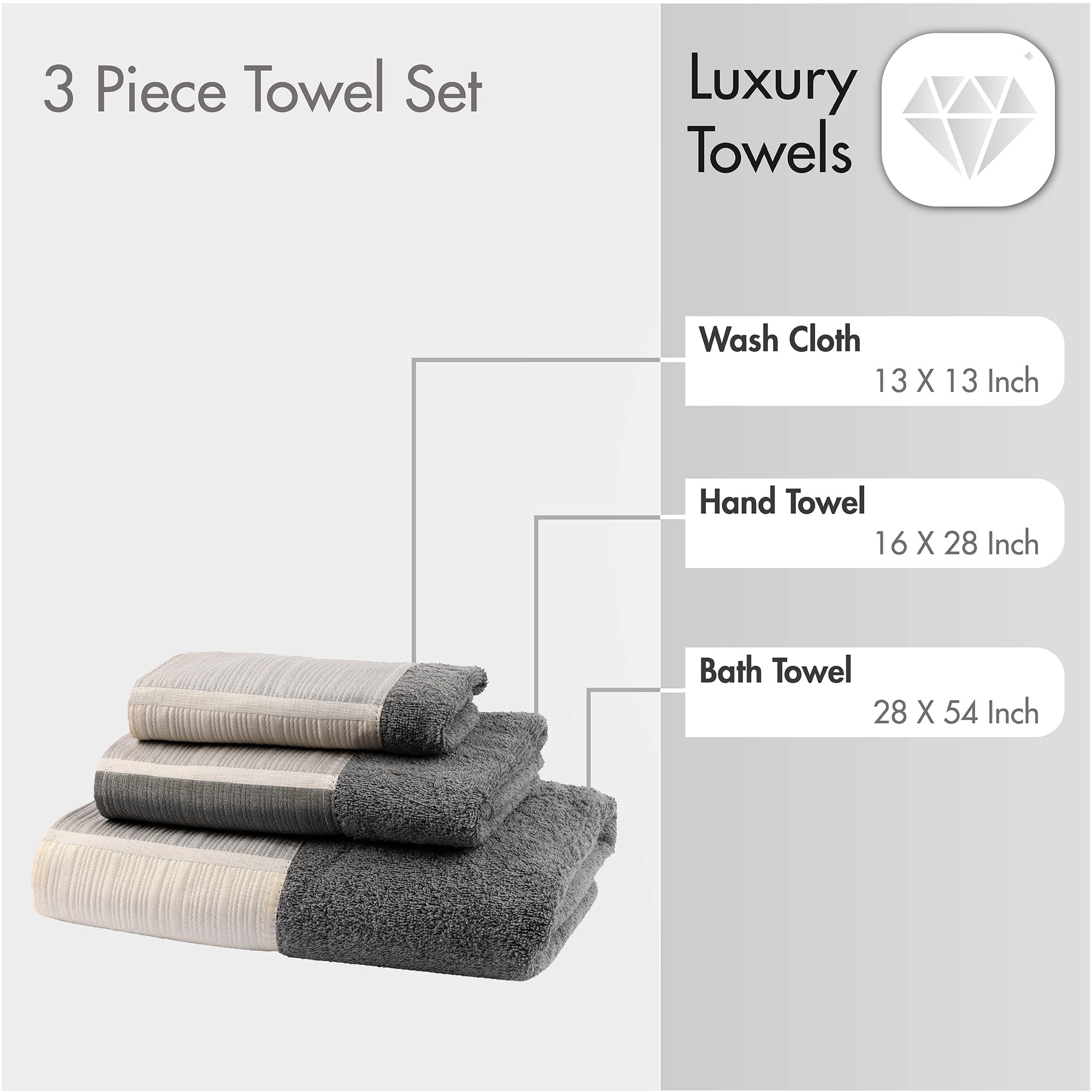 Zahari Home Modern Line Towel Set - 3-Piece Bath Ensemble With Unique Design - Luxury Bath, Hand, And Wash Towels - Contemporary