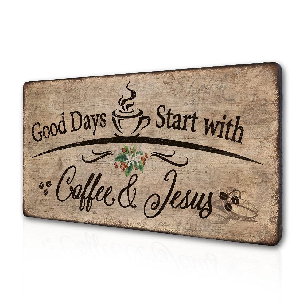 Coffee Bar Decor Rustic Wall Hanging Wood Plaque Coffee Sign - Good Days Start with Coffee and Jesus - Coffee Accessories for Ho