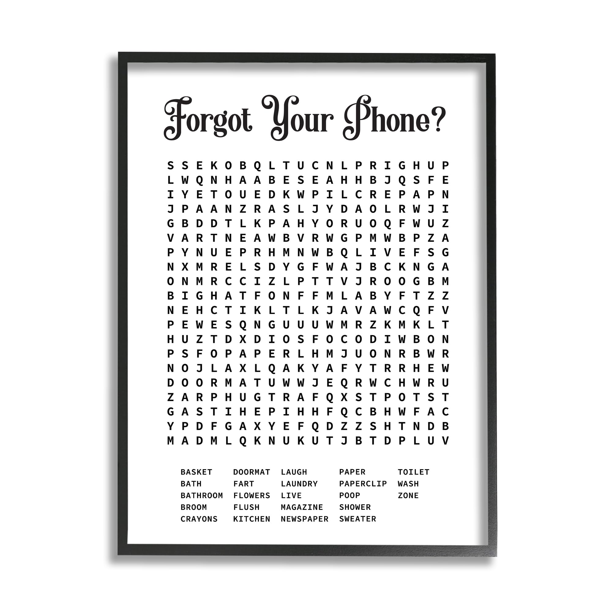 Stupell Industries Phone Crossword Puzzle Bathroom Word Design, Framed Giclee Art, Black, 24 x 30 Inches, Easy to Hang and Stu
