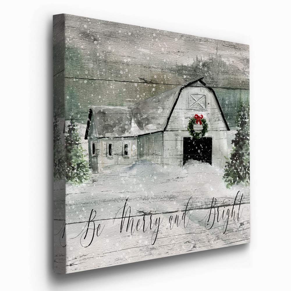 Renditions Gallery Be Merry and Bright Wall Art  Cute Christmas & Winter Artwork  Festive Barn  Faux Wood Look  Premium Gallery Wrapped Canvas Decor  Ready to Hang  32 in H x 32 in W  Made in America (WC21-42422-3232)