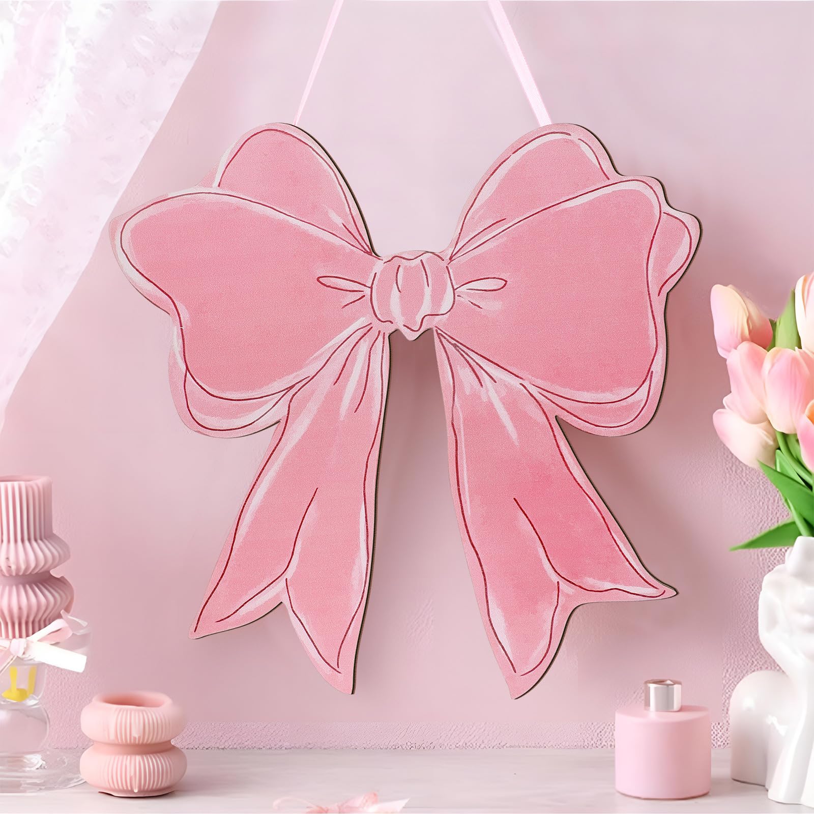 RattanView Pink Bow Wooden Hanging Sign Coquette Bow Wall Hanging Hanger Cute Preppy Wall Art Bowknot Welcome Door Sign Girly De
