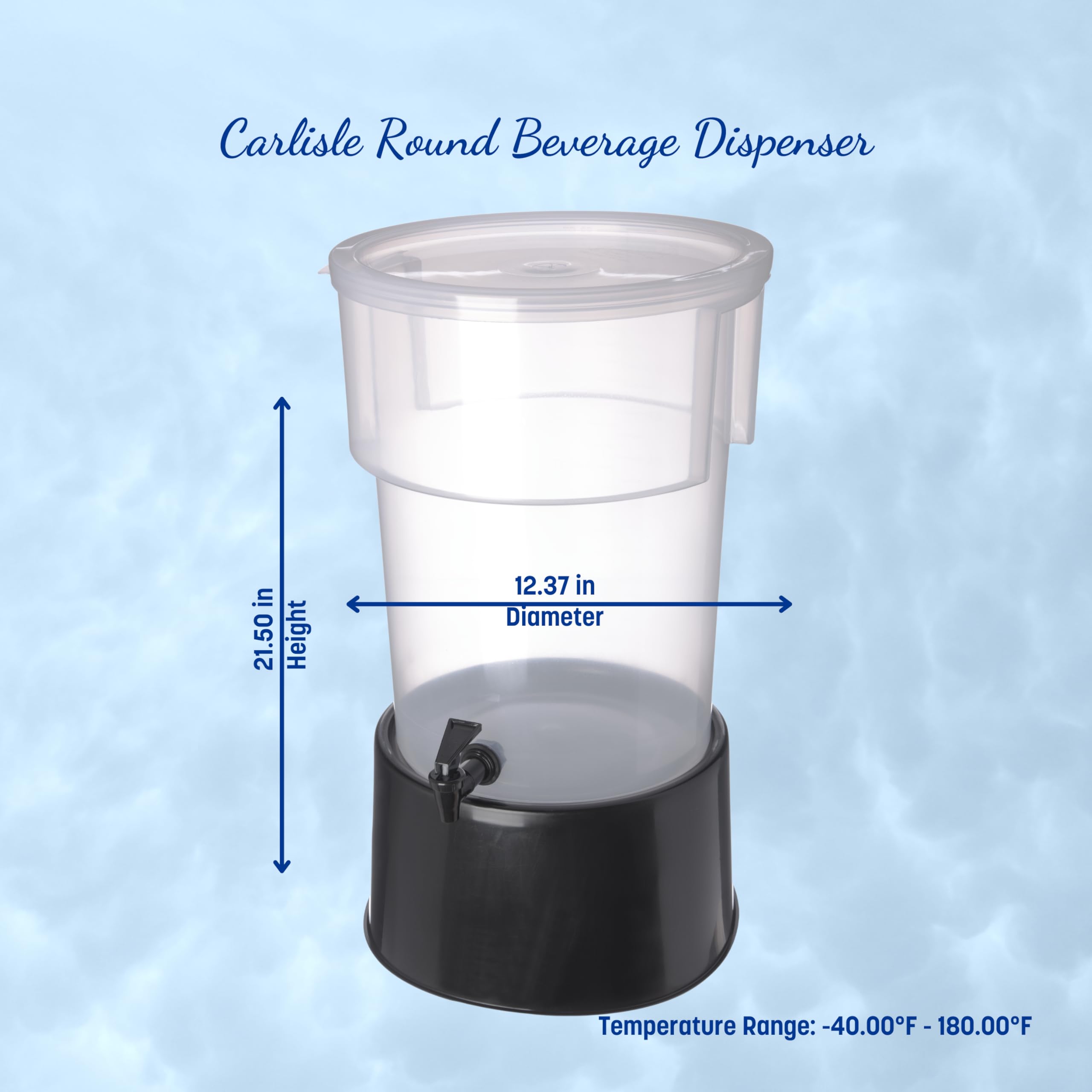 Carlisle FoodService Products 222903 Polypropylene Round Beverage Dispenser with Base  5 gal. Capacity  12-3/8'' Dia. x 21-1/2'' H  Black Base
