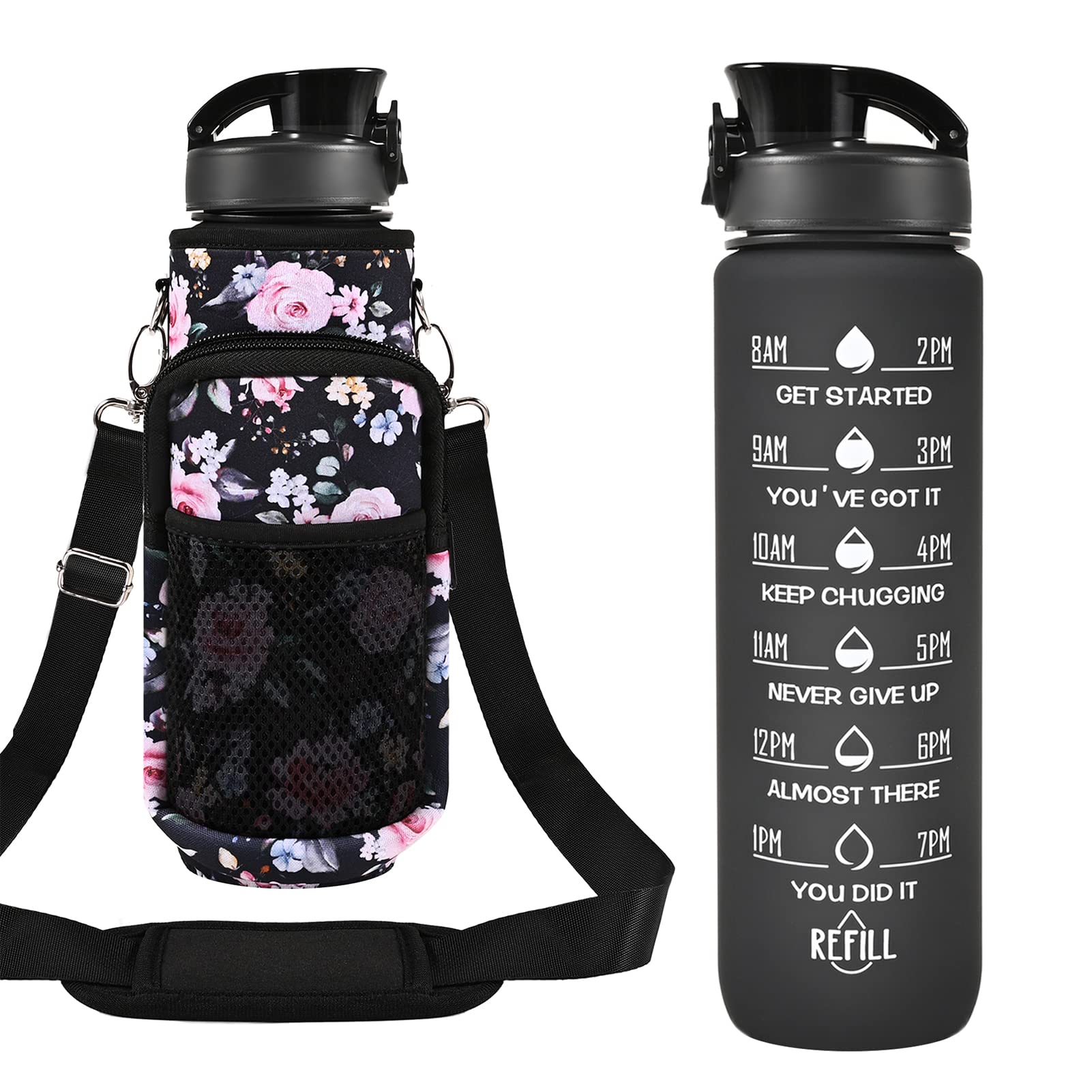 32 Oz Water Bottle With Storage Sleeve And Straw &Lid, Motivational Water Bottles With Times To Drink Bpa Free Reusable Gym Wate