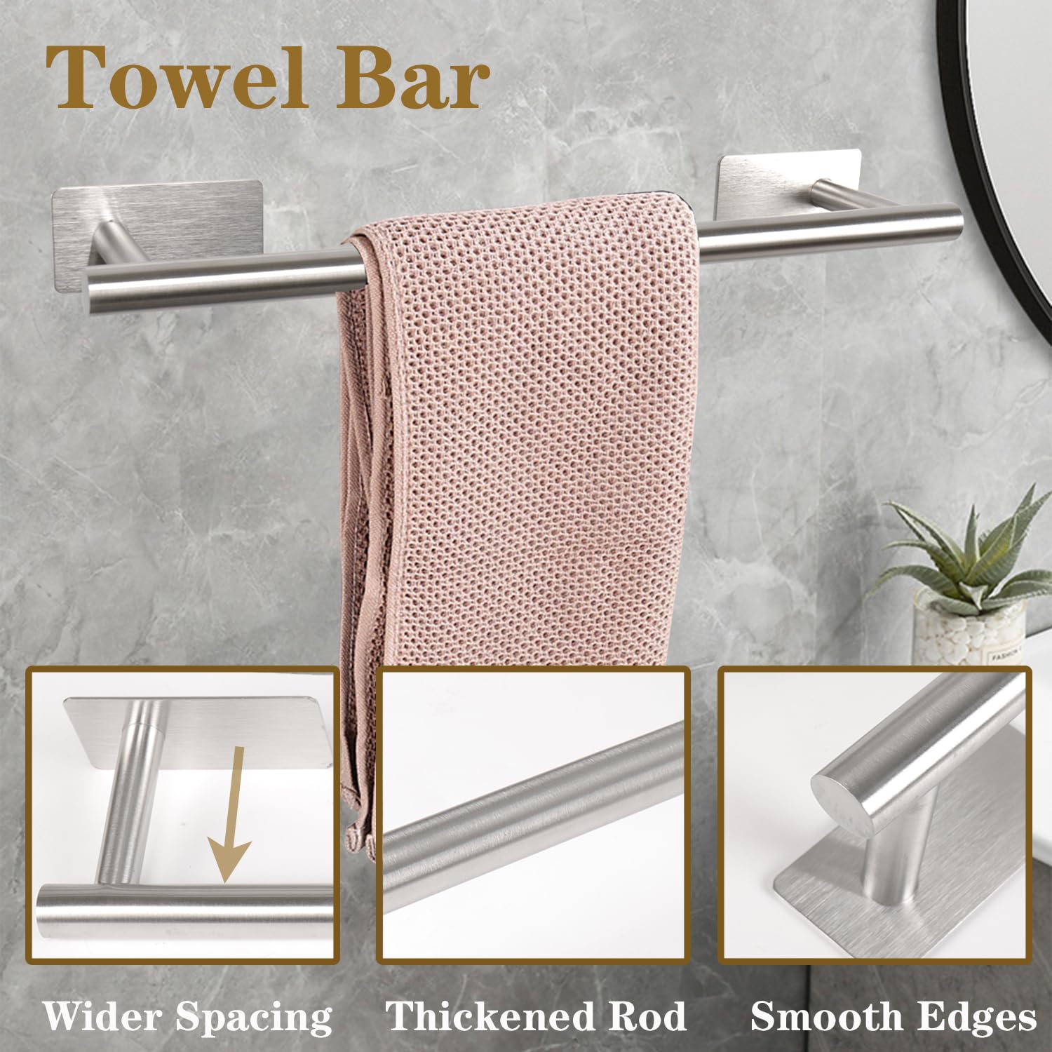 Vanloory 5 Pcs Self Adhesive Bathroom Hardware Set, Stainless Steel Towel Rack Set Include 16In Bath Towel Bar+Toilet Paper Hold