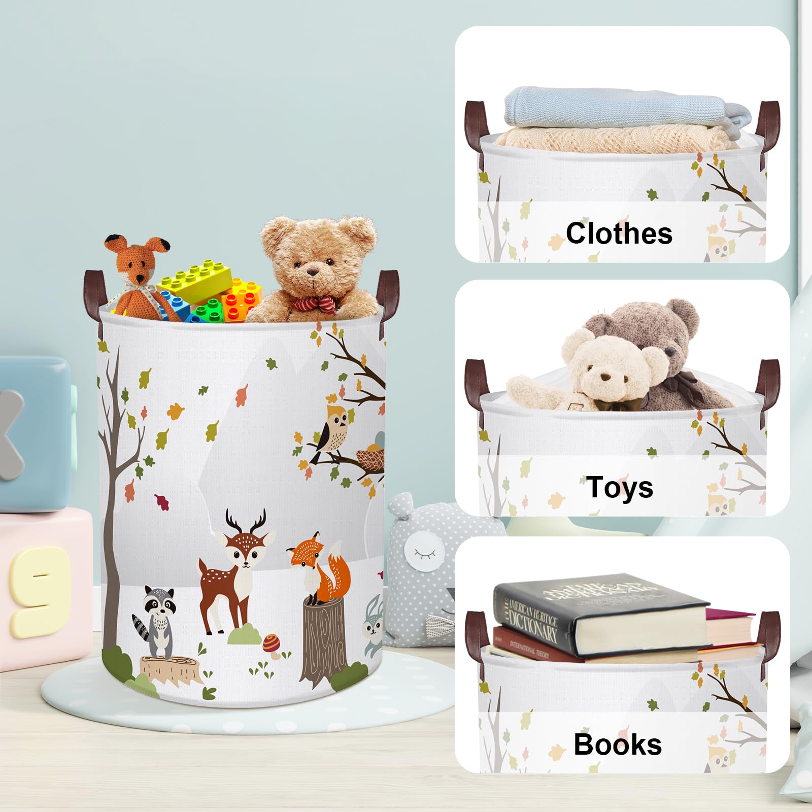 Clastyle 45L Woodland Animals Laundry Basket Collapsible Waterproof Forest Fox Storage Basket With Handle Kids Room Jungle Deer