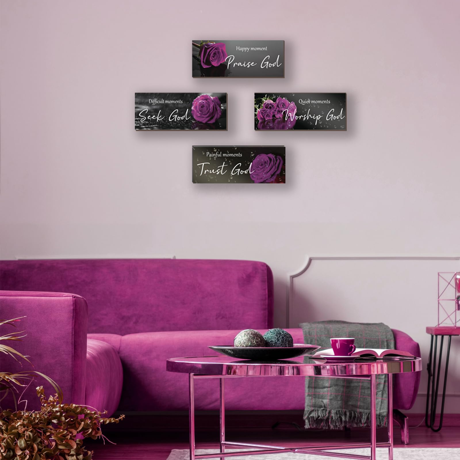ONIZHITY 4pcs Purple Bathroom Decor Religious Wall Art Bible Verse Inspirational Rose Wall Decor Rustic Wooden Christian Sign fo