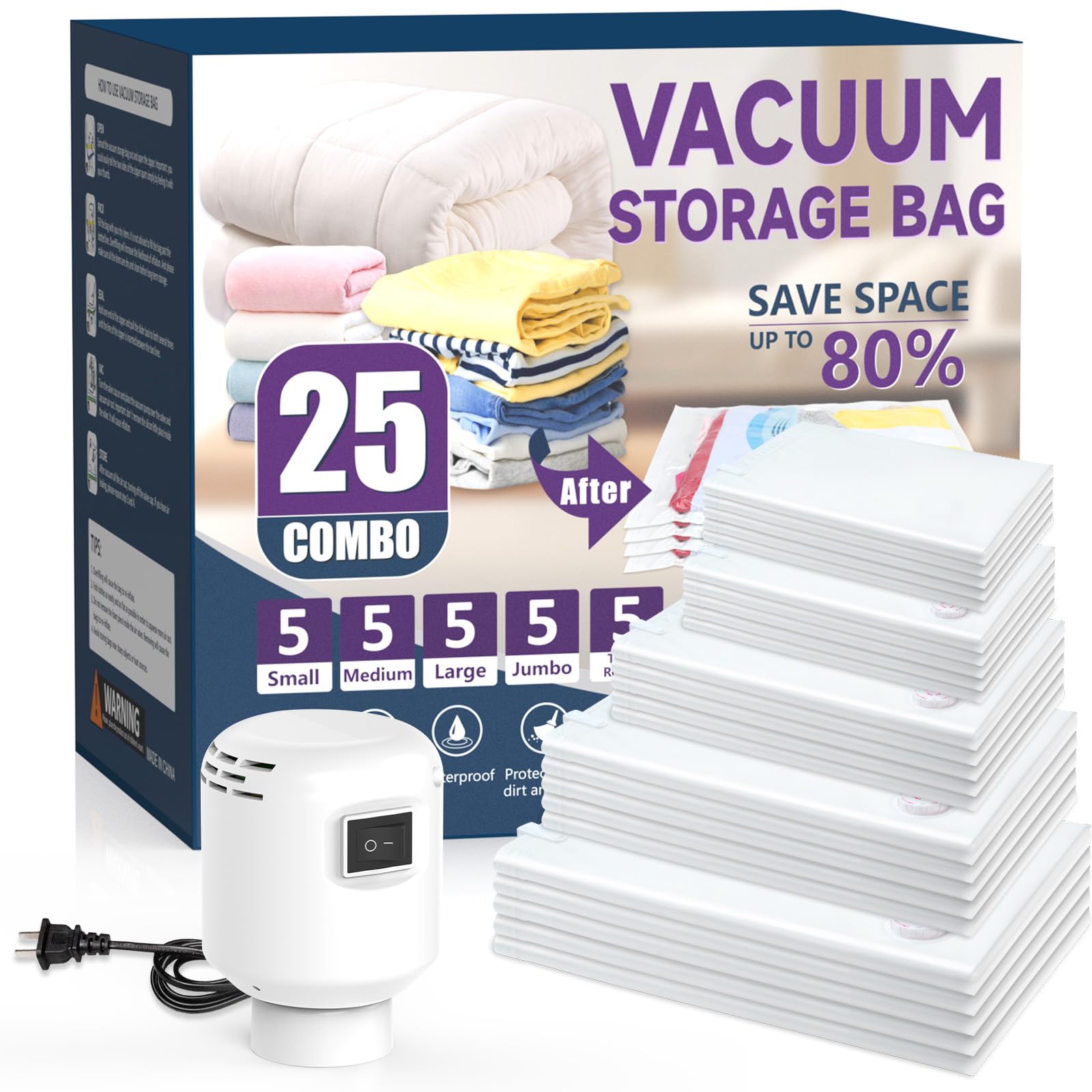 Szo 25 Pack Vacuum Storage Bags With Electric Air Pump,(5 Jumbo/5 Large/5 Medium/5 Small/5 Roll Up Bags)Vacuum Seal Bags For Clo