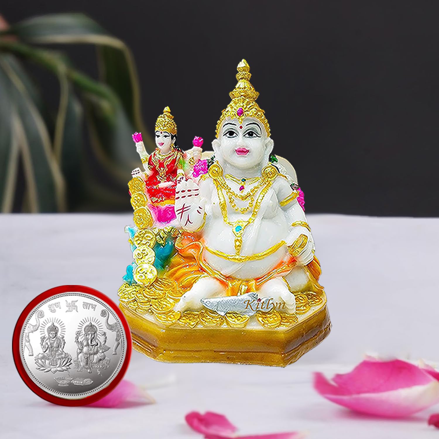 Kitlyn Kuber Statue For Tijori Locker Money Safe Kubera Idol For Maha Dosh Nivaran + Laxmi Ganesh Silver Pooja Coin Decorative S