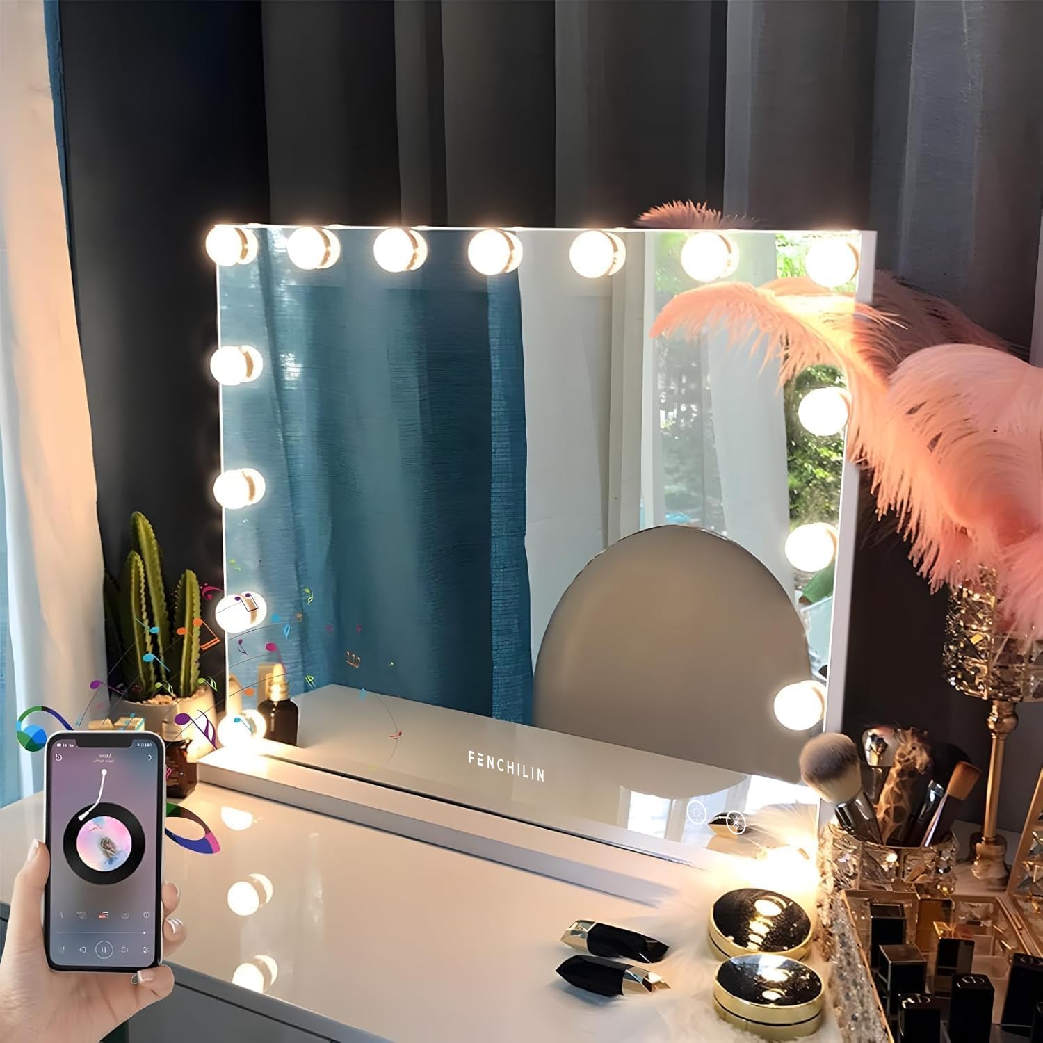 FENCHILIN Vanity Mirror with Lights and Speaker Hollywood Lighted Makeup Mirror with 15 Dimmable LED Bulbs for Dressing Room & Bedroom  Tabletop or Wall-Mounted