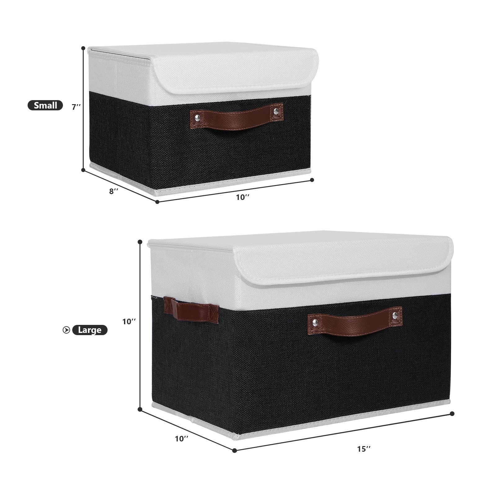Anminy 2Pcs Storage Boxes With Lid Washable Decorative Storage Bins Basket With Pu Leather Handle Foldable Linen Fabric Storage