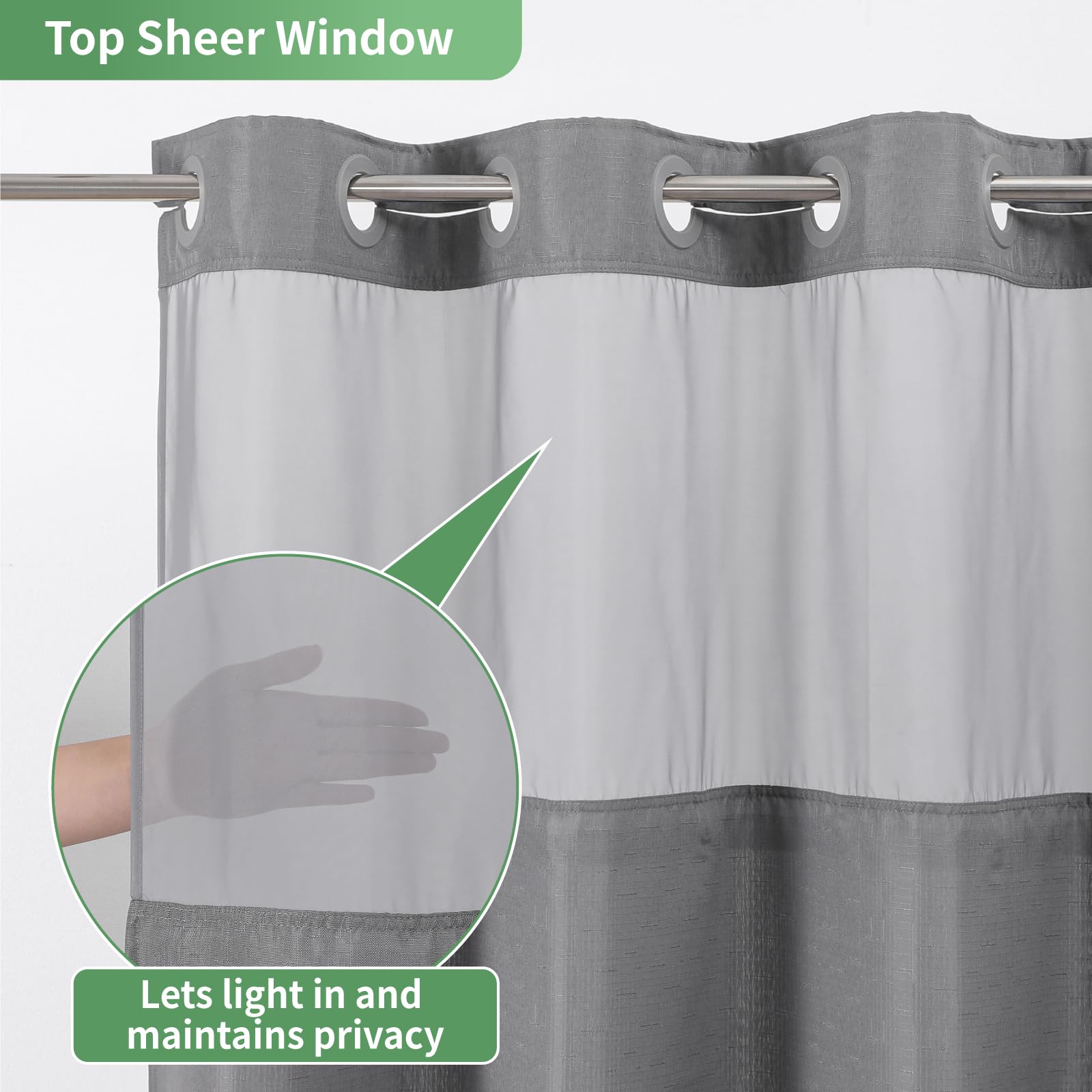 Eachope Grey Long No Hook Shower Curtain With Snap-In Fabric Liner Set,Slub Textured Fabric Shower Curtains For Bathroom,Hotel S