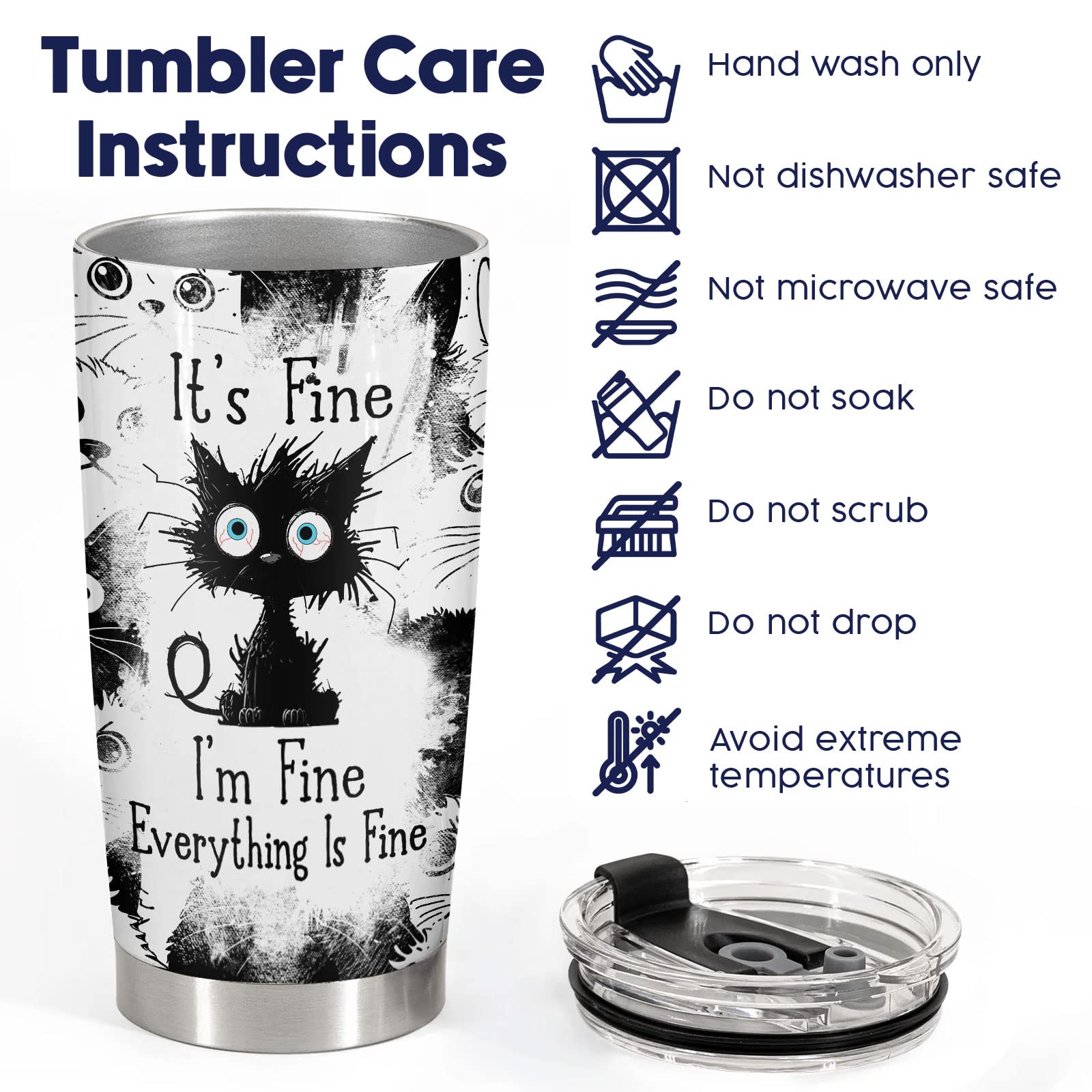 34Hd Gifts For Halloween, Crazy Cat Tumbler With Lid 20 Oz Stainless Steel, Black Cat Cup, It'S Fine I'M Fine Mug, Cat Gifts For
