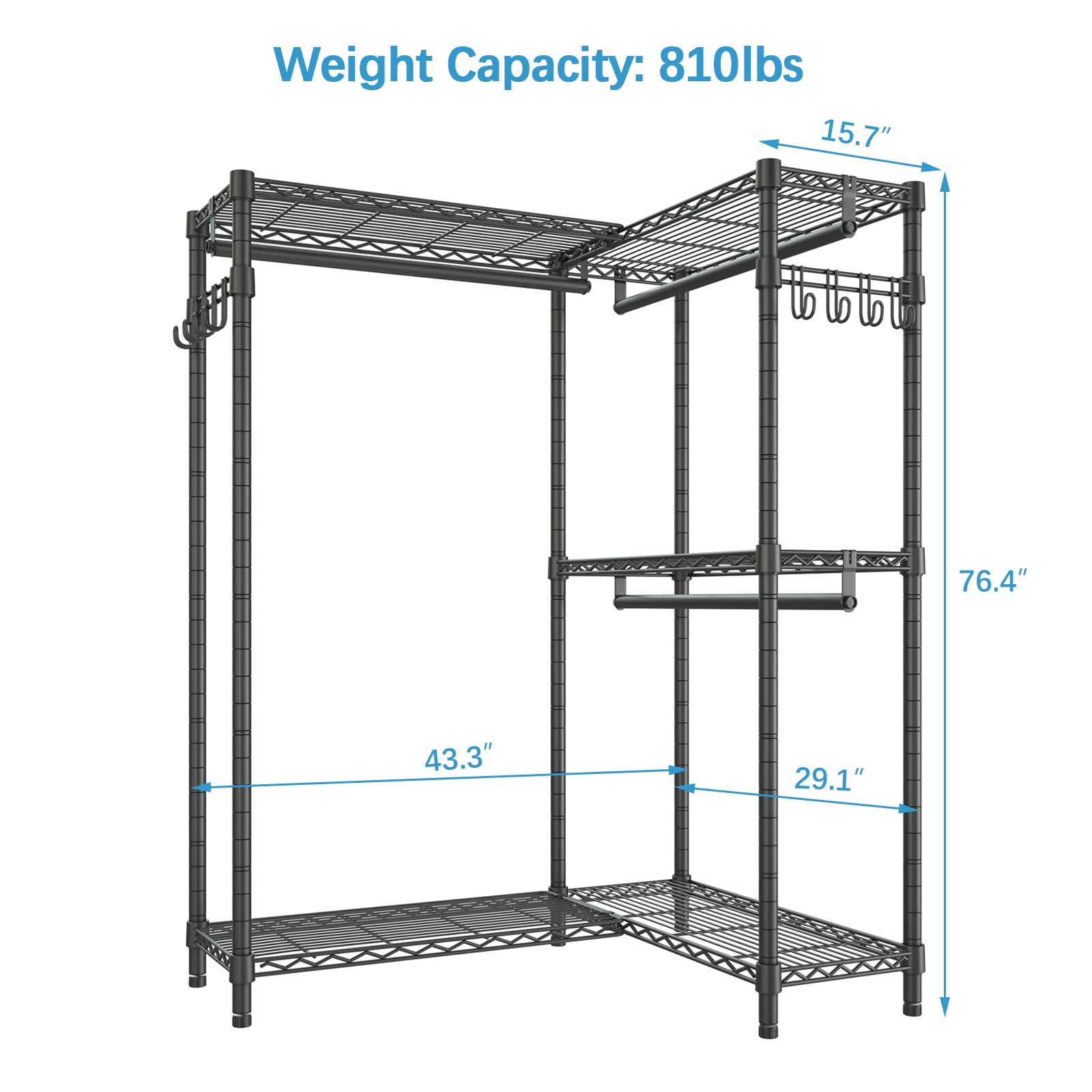 Vipek L4 Garment Rack L Shaped Clothes Rack For Corner, Freestanding Portable Wardrobe Closet Heavy Duty Clothing Rack With 3 Ha