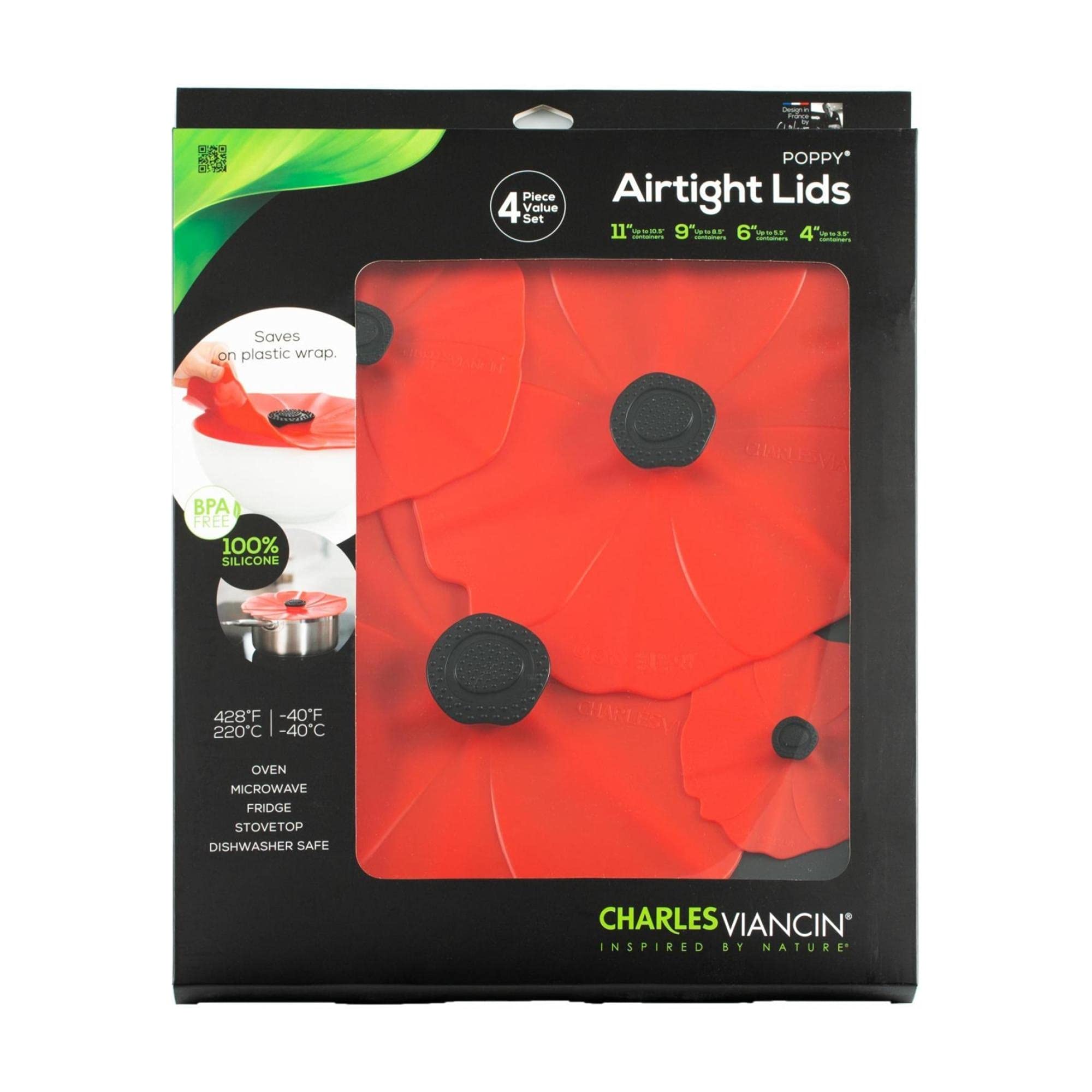 Charles Viancin  Poppy Lid Red GiftBox  Set of 4 Silicone Lids for Food Storage and Cooking  11/28cm + 9/23cm + 6/15cm
