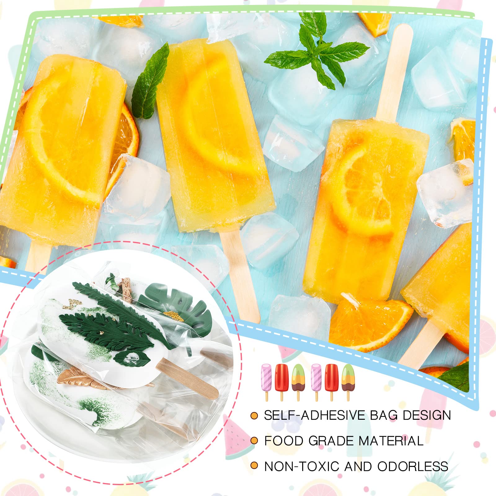 Yexiya 400 Pcs Ice Lolly Ticks And Bags Set, 300 Pcs Self Adhesive Clear Plastic Bags And 100 Pcs Disposable Wooden Sticks For S