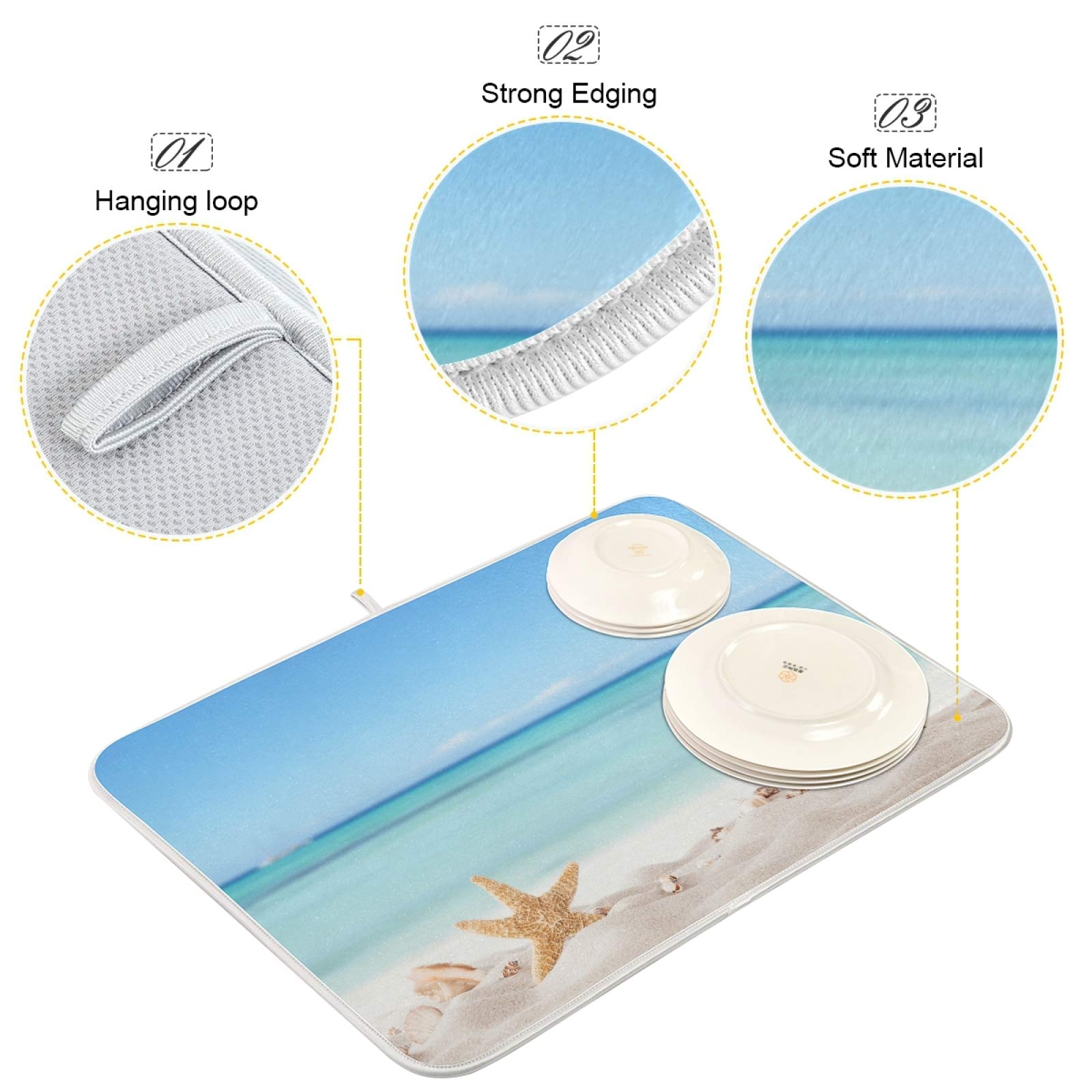 Summer Starfish Sandy Dish Drying Mat Seaside Coast Dry Pad Bottle Dryer Rack Kitchen Decor Absorbent Easy Clean Drainer Mats Fo