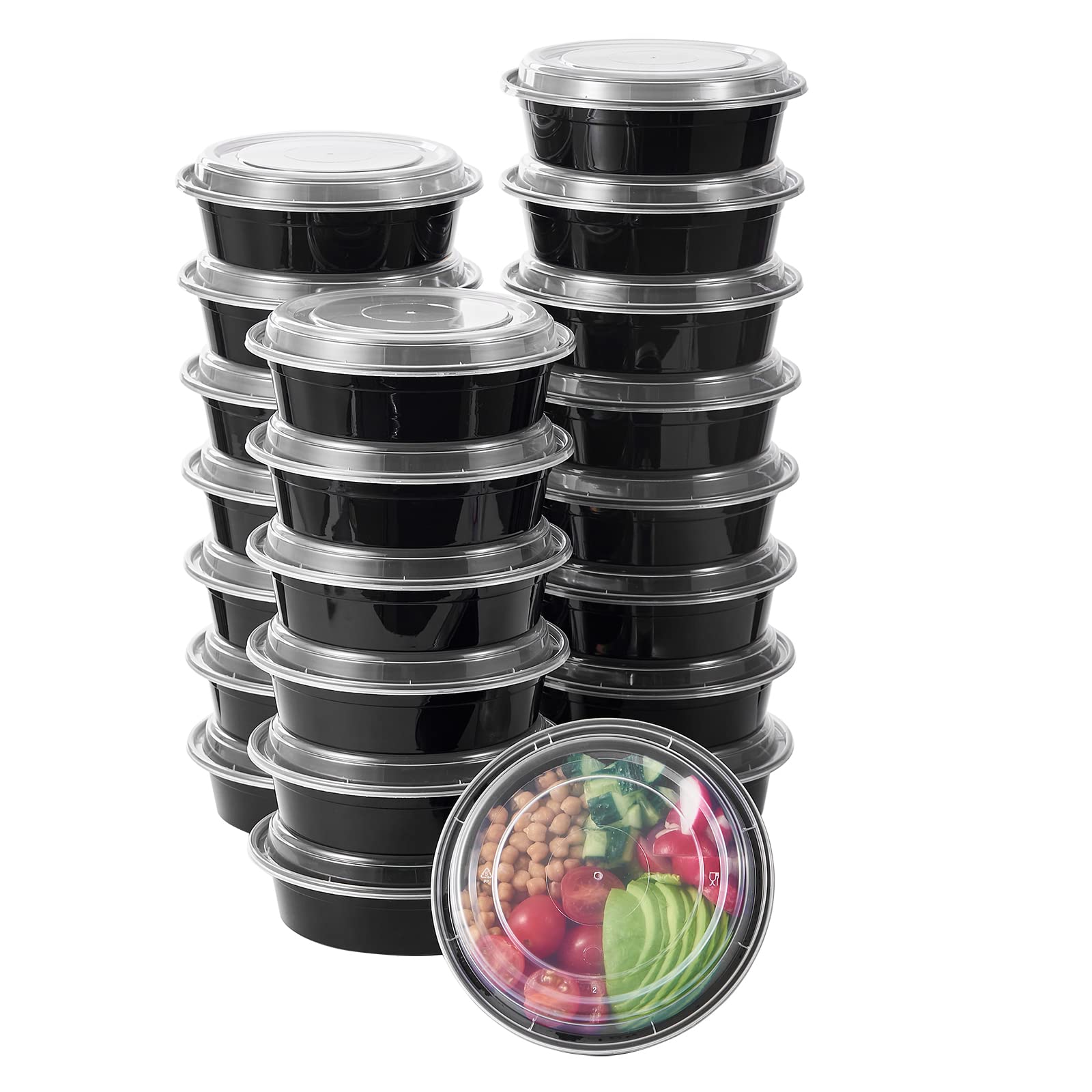 FULING 24 oz 150 ct Round Meal Prep Food Storage Containers with Lids To Go Plastic Lunch Plan Box Disposable Take Out Bowls Bla