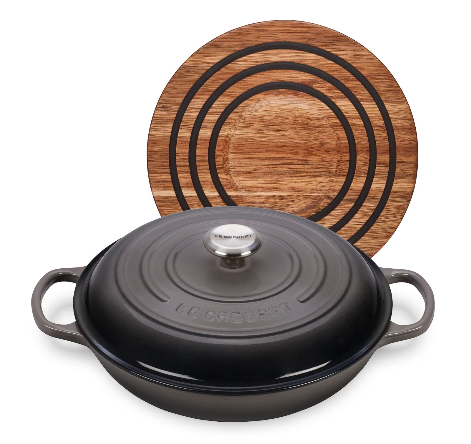 Le Creuset 3 1/2 qt. Signature Cast Iron Braiser Bundle with Magnetic Wooden Trivet  Oyster