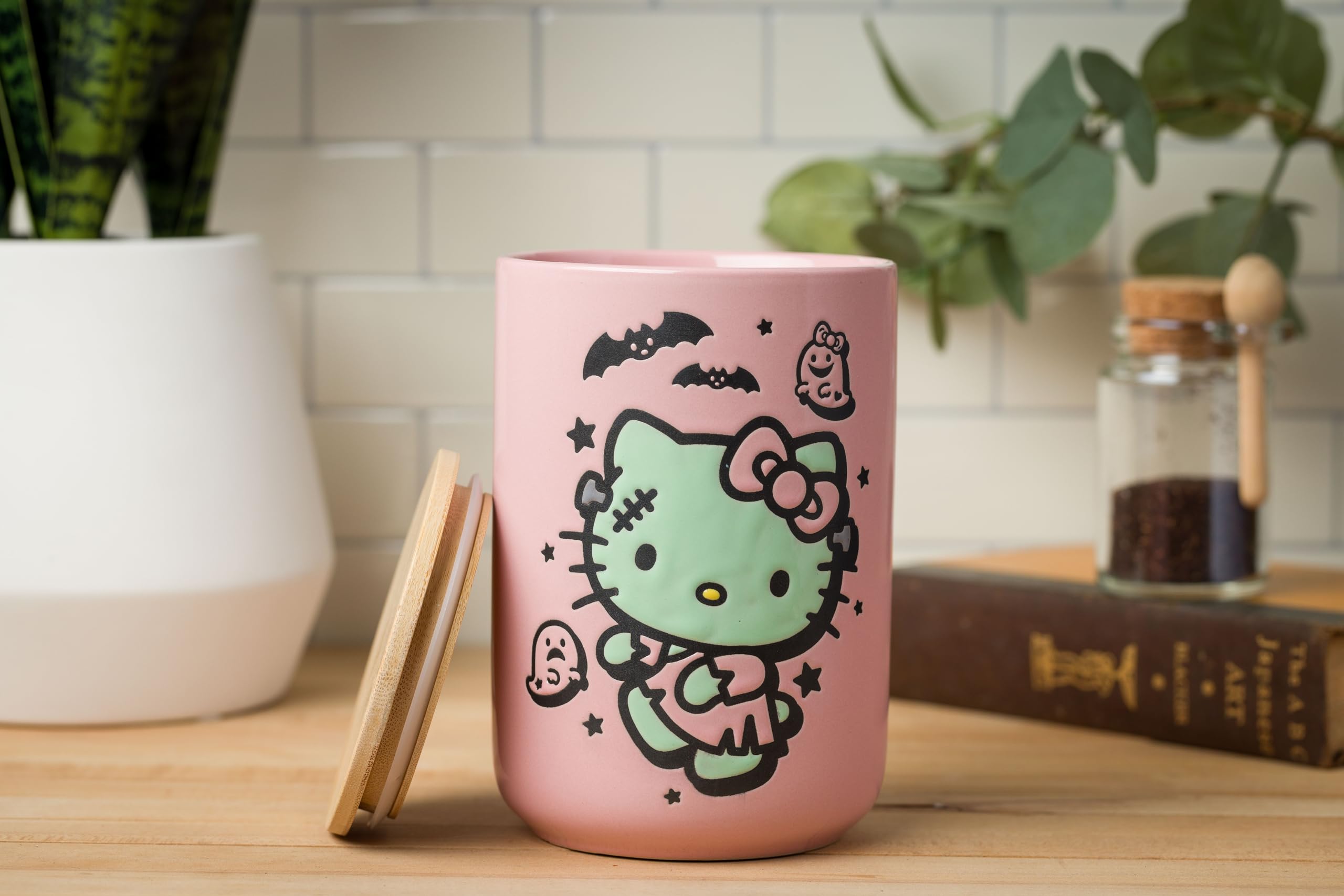 Silver Buffalo Sanrio Hello Kitty Halloween Spooky Frankenstein Frankenkitty Ceramic Cookie Snack Candy Jar With Airtight Bamboo