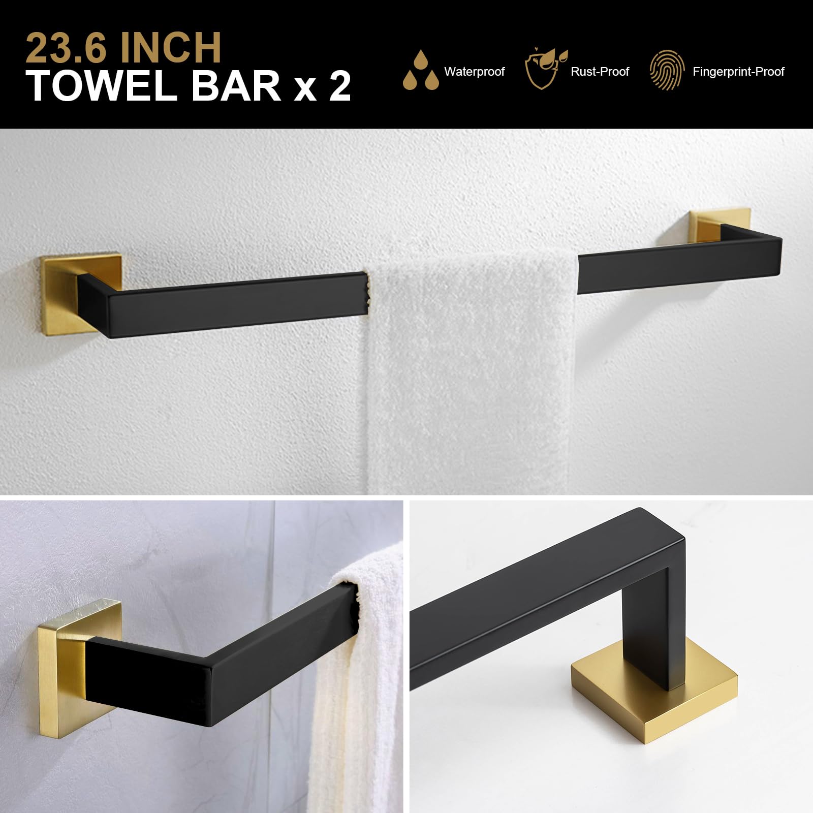 5-Piece Mattle Black And Brushed Gold Bathroom Hardware Accessories Set, Lava Odoro Bath Towel Bar Holder Set Towel Rack Set Sta