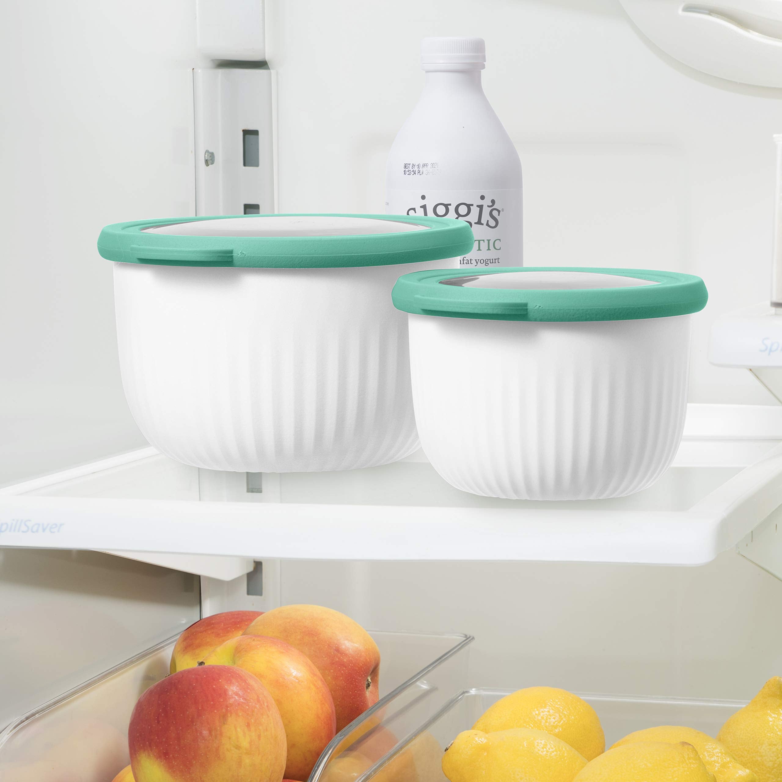 Oggi 1.4 Qt Mix, Store & Serve Bowl with See-Thru Lid - White/Aqua, Plastic, Model 5182