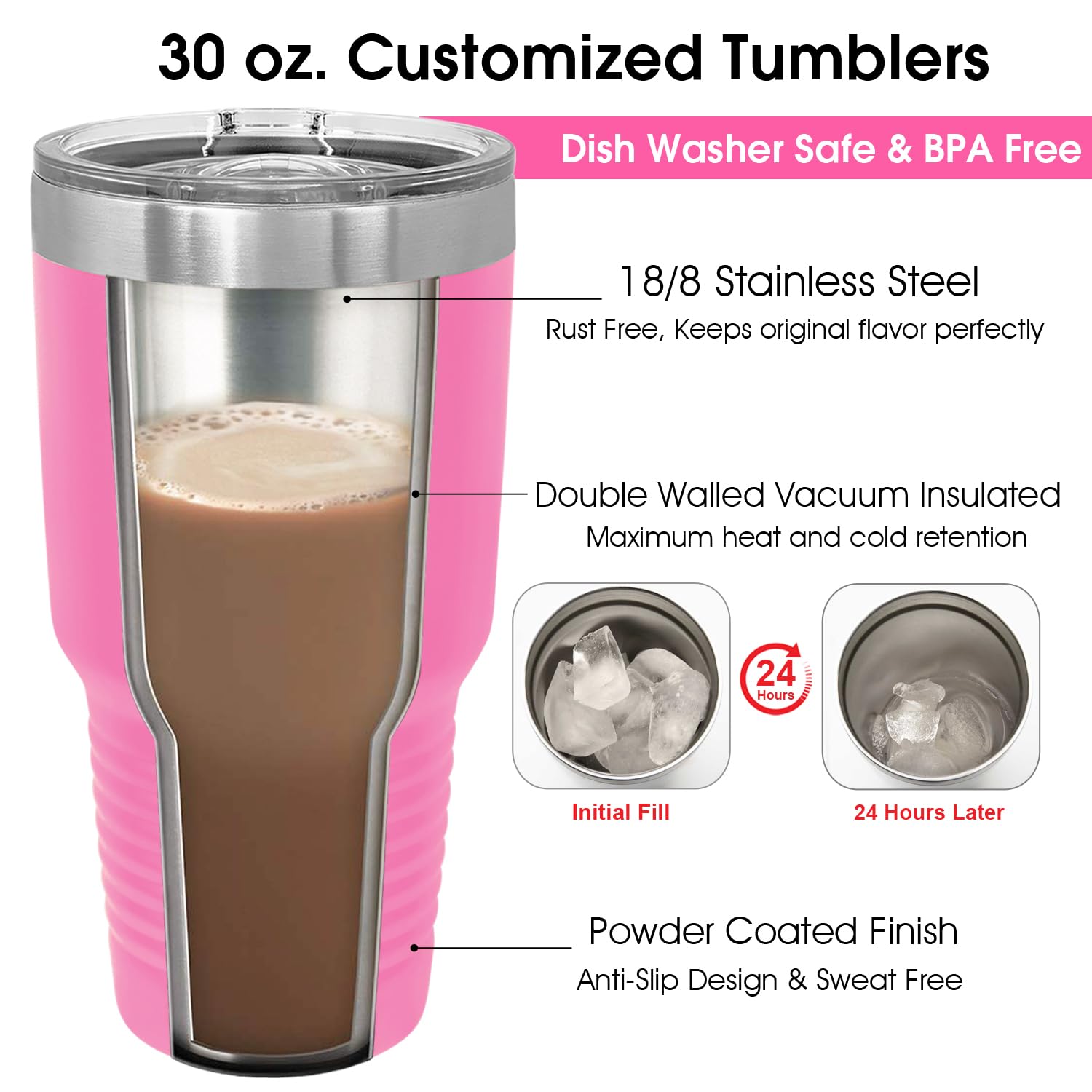 Personalized Tumblers with Lids and Straw Love and Text Engraved in USA by iProductsUS 30oz Vacuum Insulated Travel Coffee Mugs Stainless Steel Double Wall Thermos Customized Cups(Pink 18-Designs)