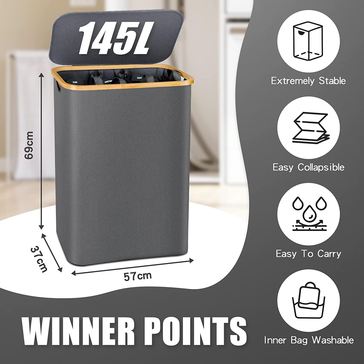 Bathola Laundry Hamper with Lid  145L Extra Large Hamper 3 Section Dirty Clothes Hampers for Divided Basket Organizer for Bedroom Laundry Room Grey