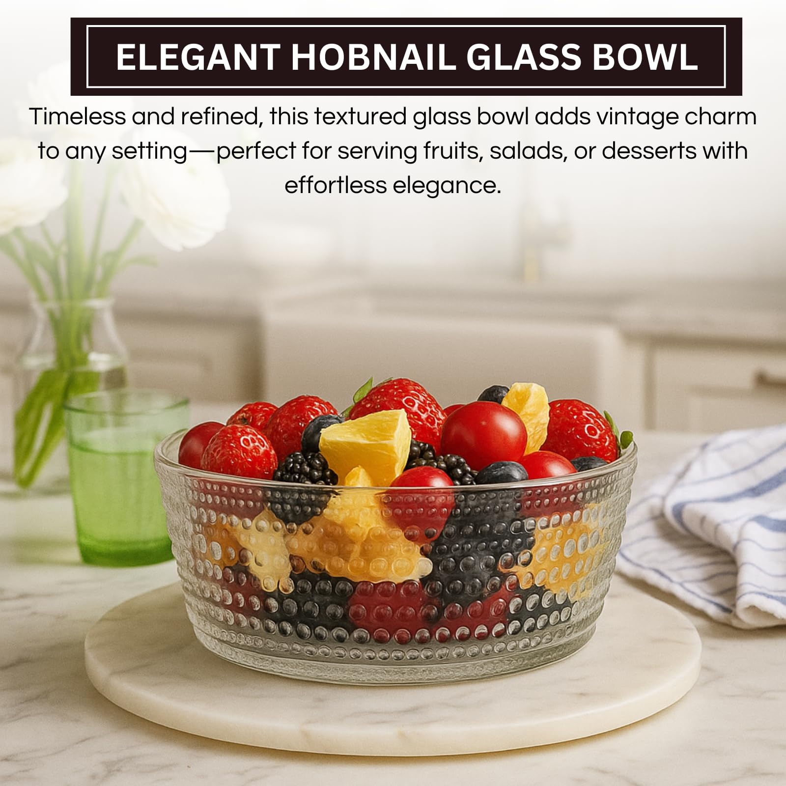 Khen Hobnail Glass Bowl Clear Vintage Style Textured Borosilicate - 10 Inch