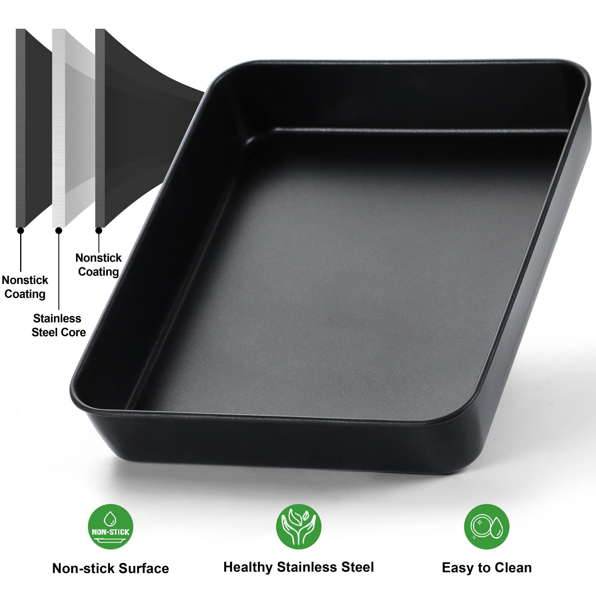 Lianyu Baking Pan With Lid, 12? X 9 X 2 Inch Stainless Steel Square Rectangle Cake Pan, Black Nonstick Roasting Lasagna Pan For