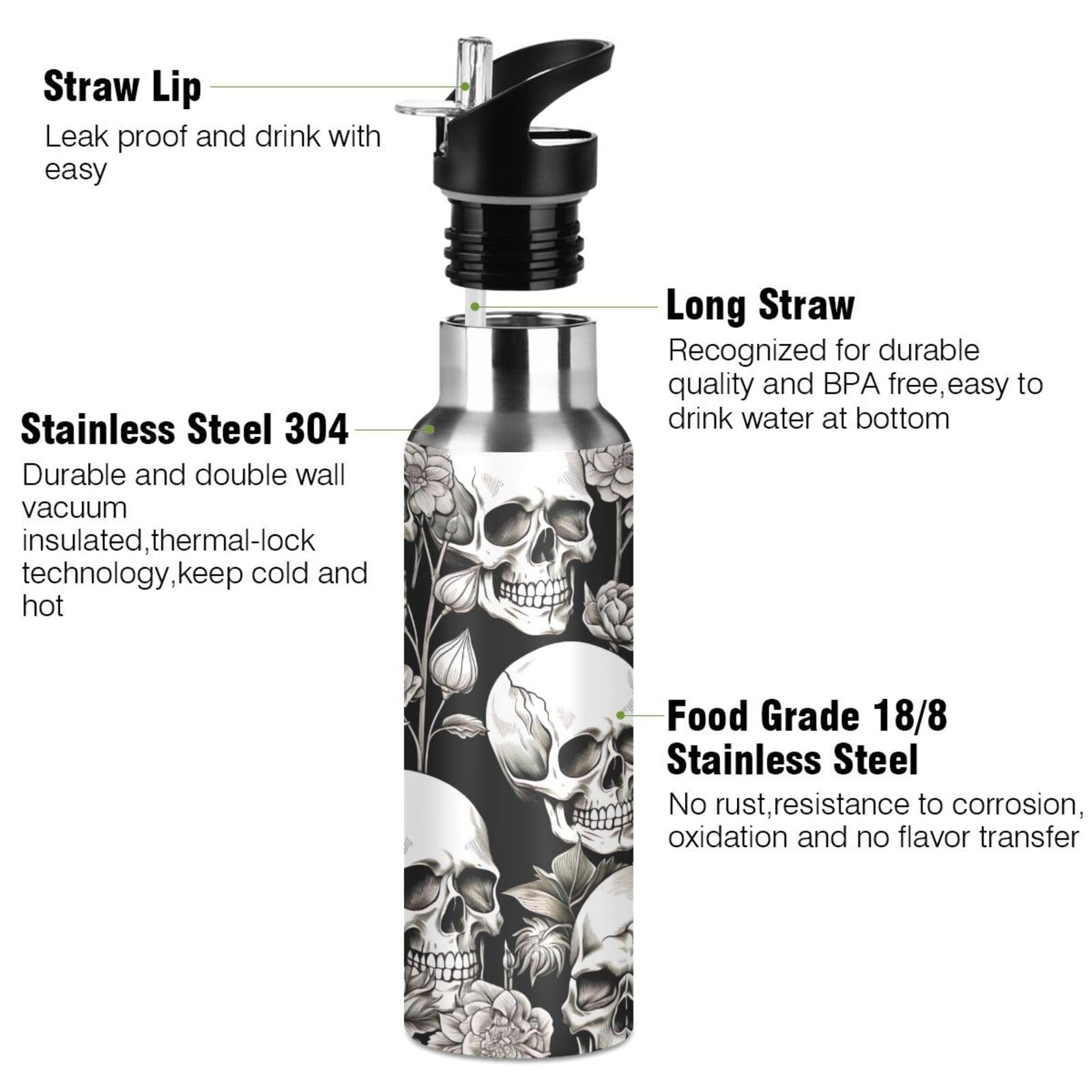 Wellday Water Bottle White Skull Double Wall Vacuum Insulated Flask Stainless Steel With Straw Lid 20Oz