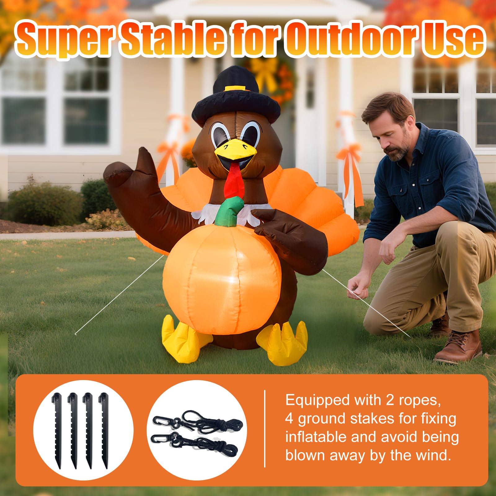 4FT Thanksgiving Turkey Inflatable with Built-in LED Lights, Blow Up Turkey with Pilgrim Hat Outdoor Holiday Decoration, Lawn Ya