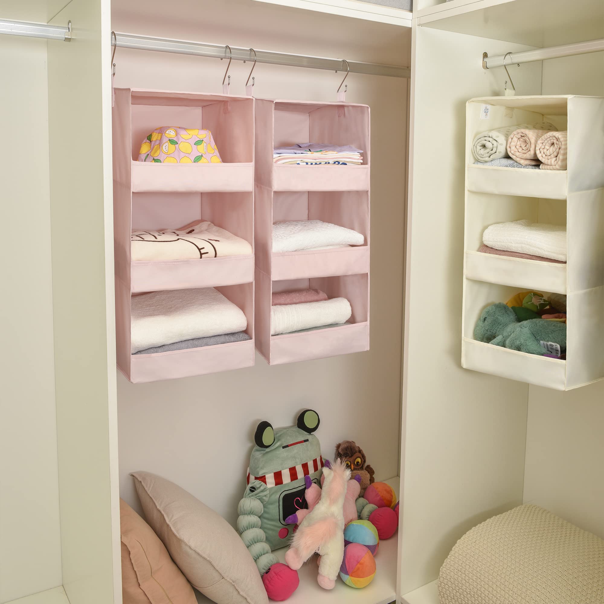 Granny Says Closet Hanging Organizers, Collapsible Hanging Closet Shelves, 3-Shelf Hanging Organizers For Locker, Pink, 2-Pack