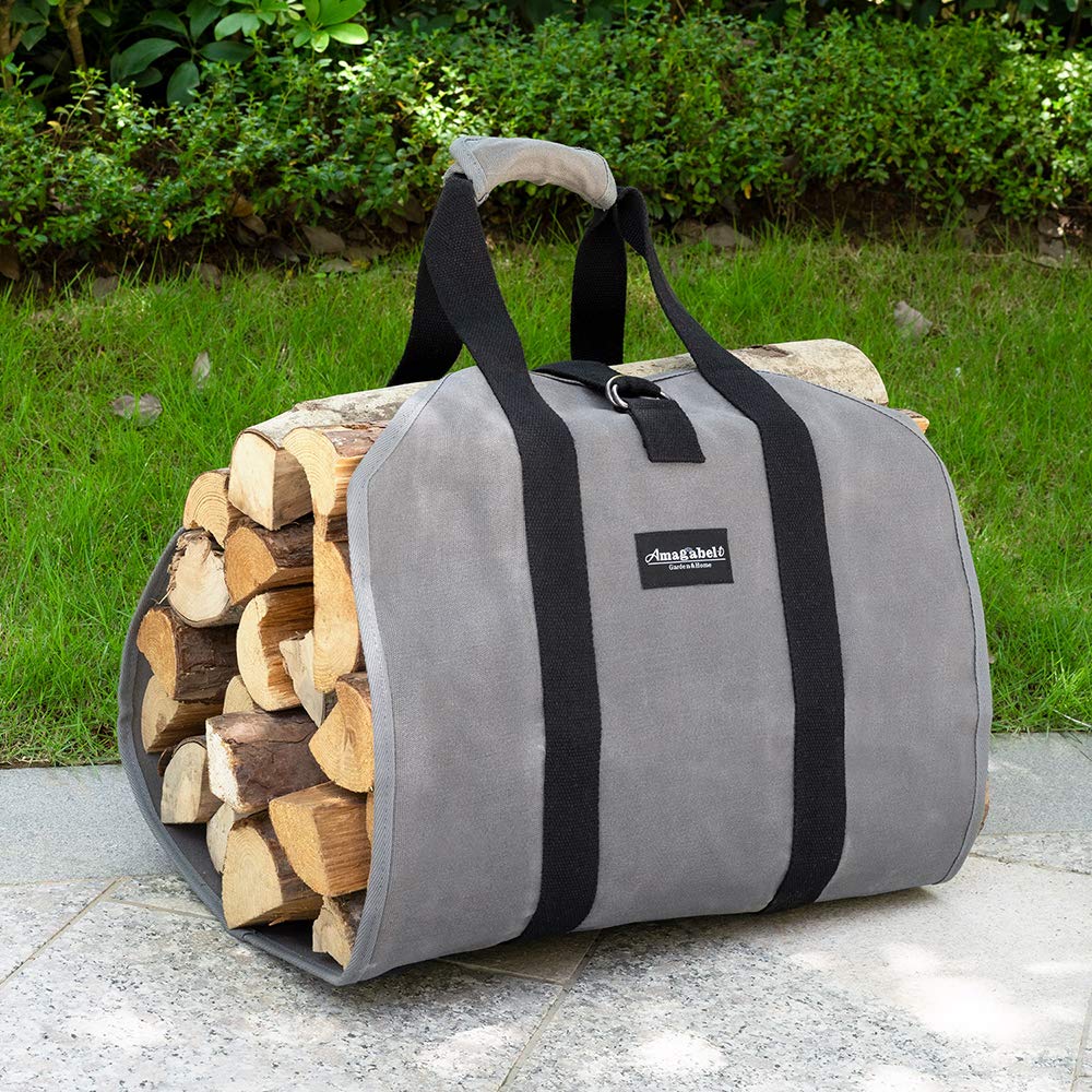 Amagabeli Firewood Carrier Tote Waxed Canvas Log Tote Carrying Bag Wood Carrier Bag with Handles Security Strap for Camping Indoor Firewood Logs Tote Log Holder Birchwood Stand Gray BG291