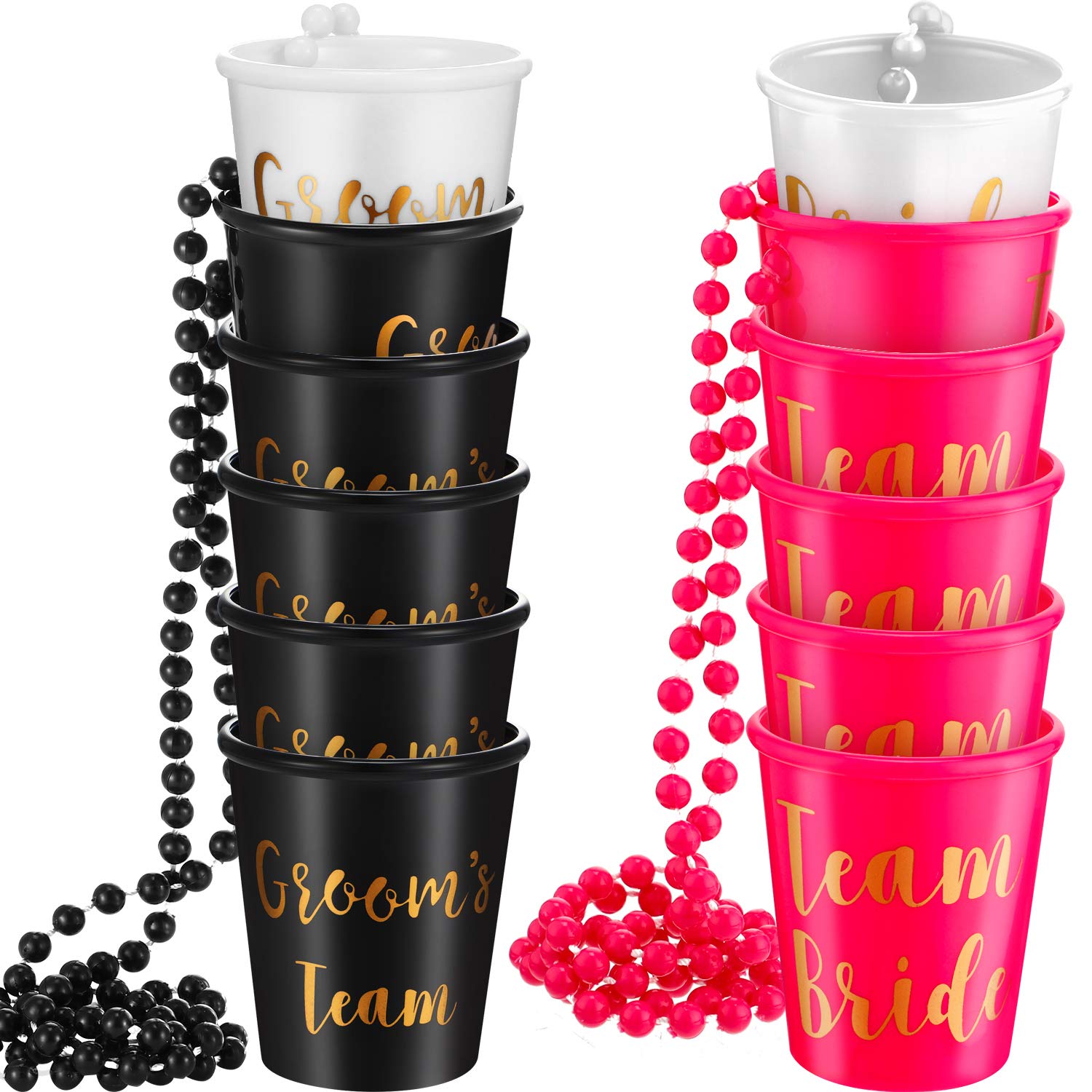 Maitys 12 Pcs Team Bride Groom Bachelorette Shot Glass Necklace with Plastic Beads Chain Gold Foil Bridesmaid Gifts for Wedding 