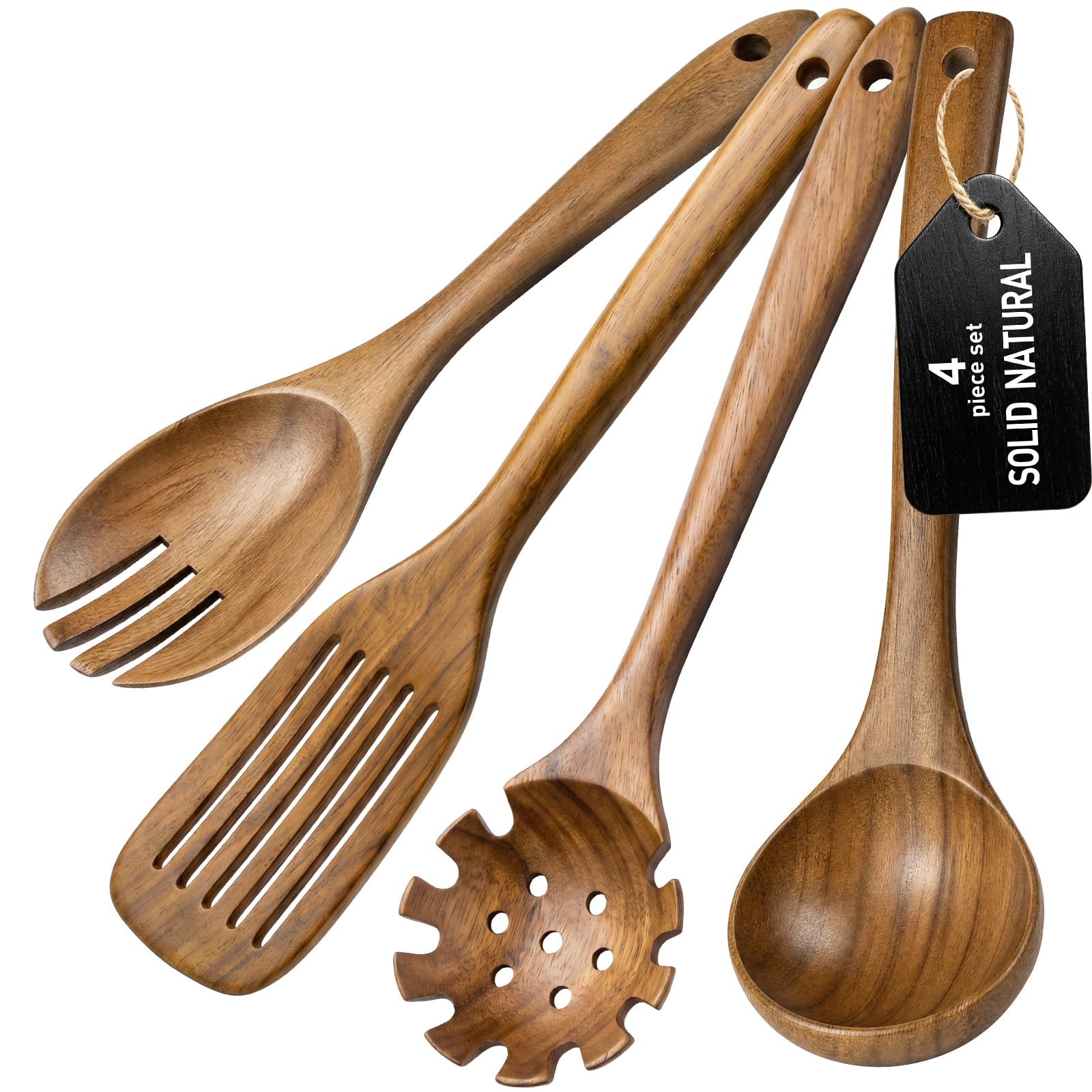 Wooden Spoons for Cooking, 4Piece Teak Wood Kitchen Utensil Set, Nonstick Safe Wooden Cooking UtensilsIncludes Soup Ladle, Pas