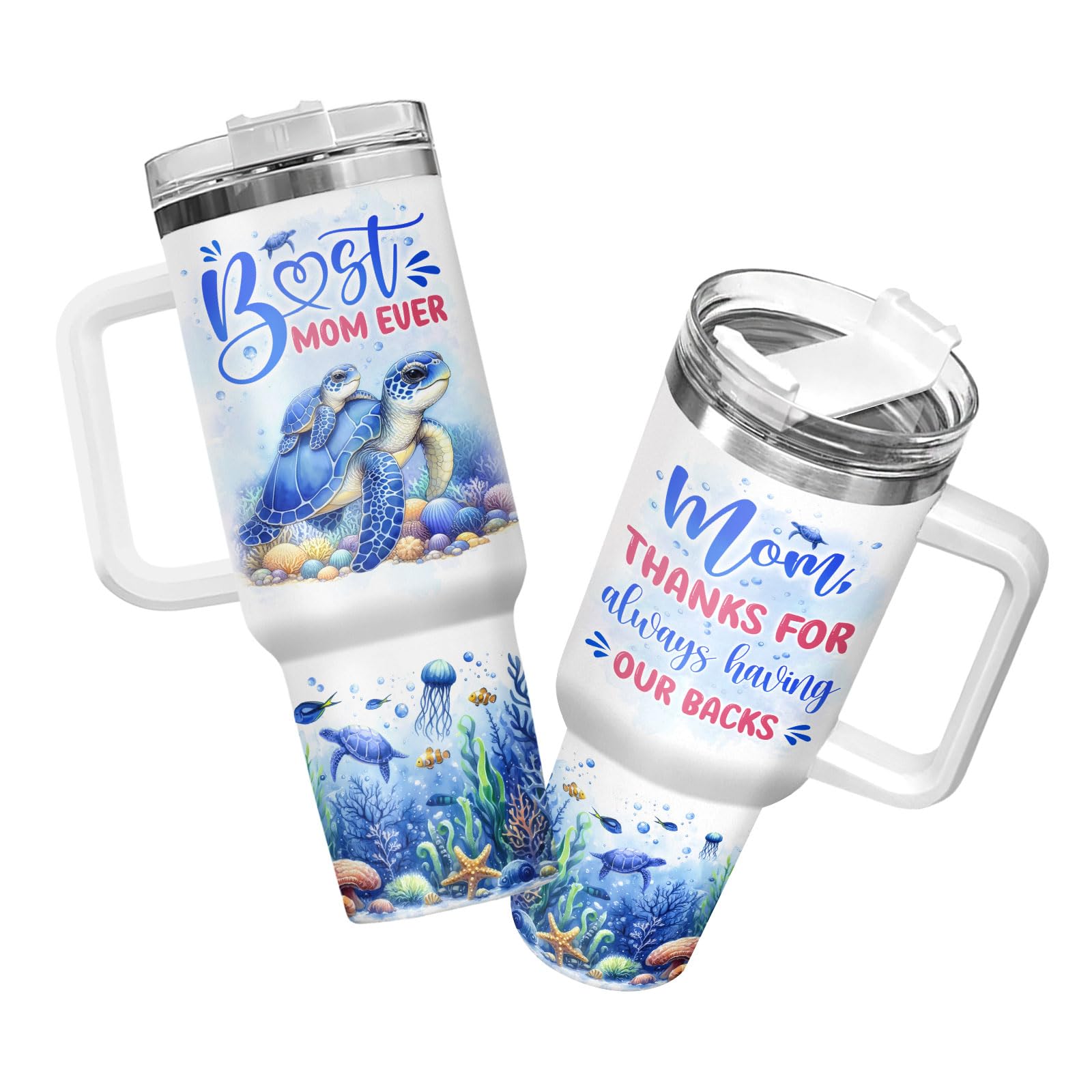 34HD Turtle Mommy Tumbler with Handle and Straw, 40oz Stainless Steel Vacuum Insulated Best Mom Cup, Turtle Gifts for Women Expe