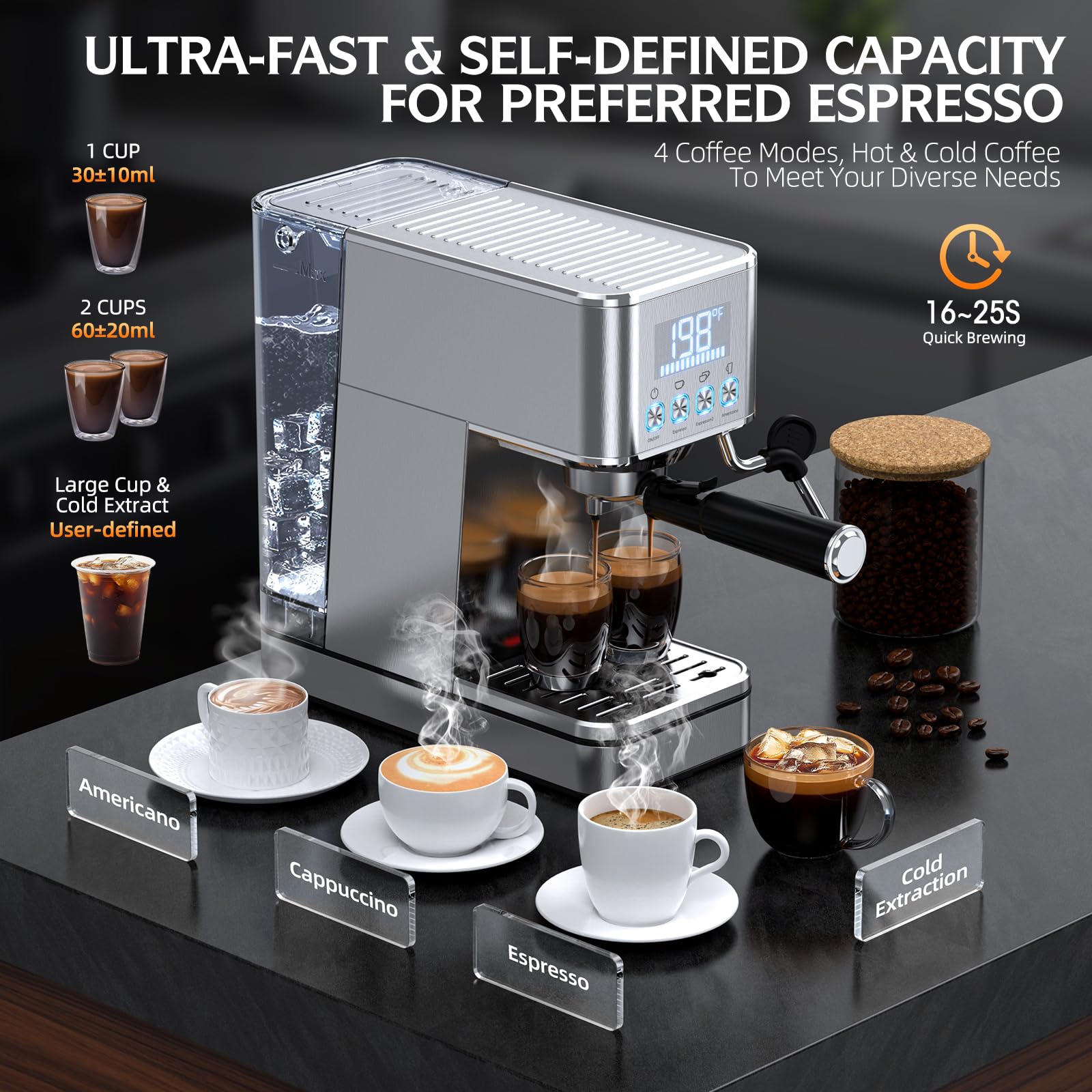 LERTIN Espresso Machine EM626, 20Bar Stainless Steel, 57.5OZ Tank, Milk Frother, Silver