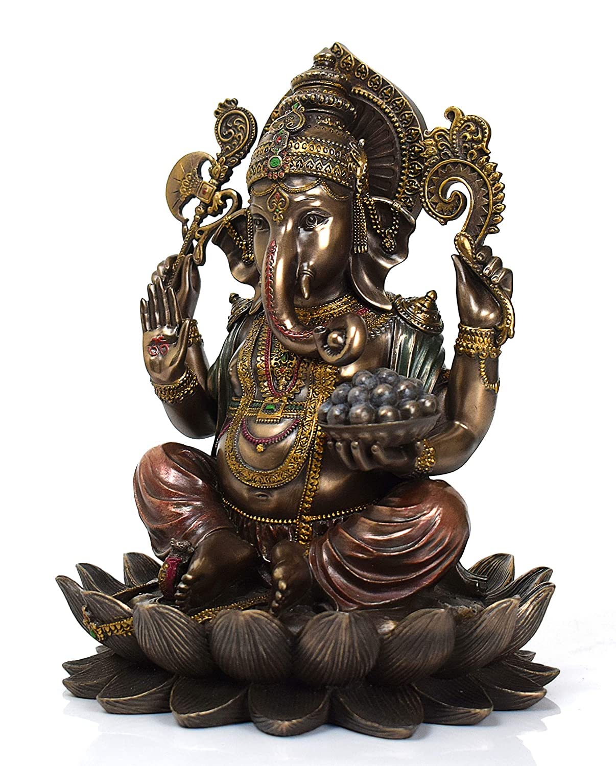 Sri Krishna Culture-New Large Sitting Ganesh On Lotus -Height-12.5 Inches-Antique Finish-For Home Decoration