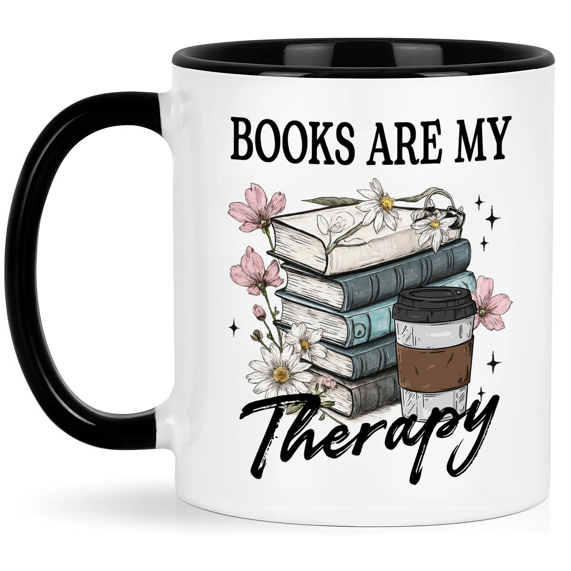 FUNITZ Book Lover Gifts  Books Are My Therapy Mugs with Black Handle, Bookish Coffee Mug with Stacked Book Design, Birthday, Ch
