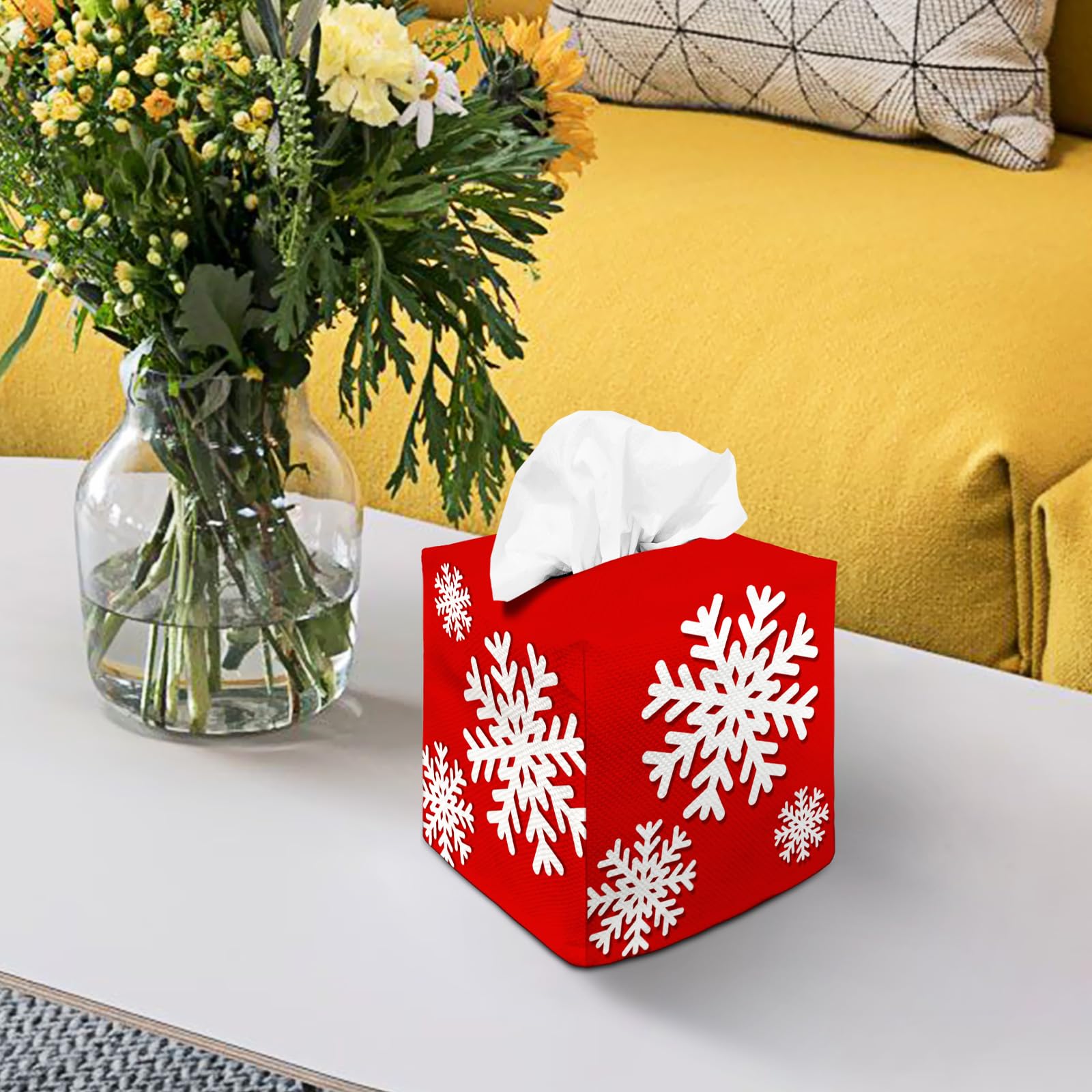 Tissue Box Cover Square Canvas Decorative Tissue Box Holder Cute Funny Cube Tissue Case Cover-Xmas Decor Christmas Snowflake Red