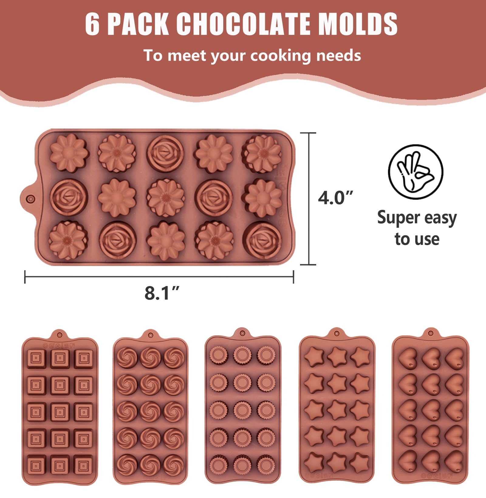 6 Pack Chocolate Molds Candy Molds Silicone, Food Grade Non-Stick Jello Mold, Crayon Mold, Silicone Baking Mold, Bpa Free, Inclu