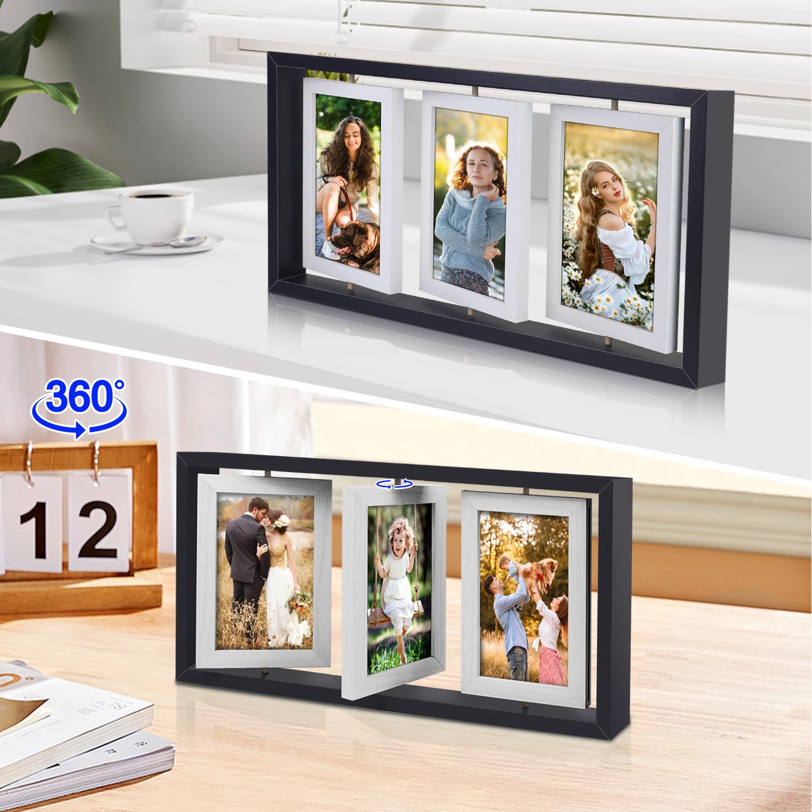 ZEEYUAN 4x6 Desk Picture Frame Rotating Double-Sided Picture Frame, 4x6 Tabletop Wooden Collage Family Pictures Frame for Office
